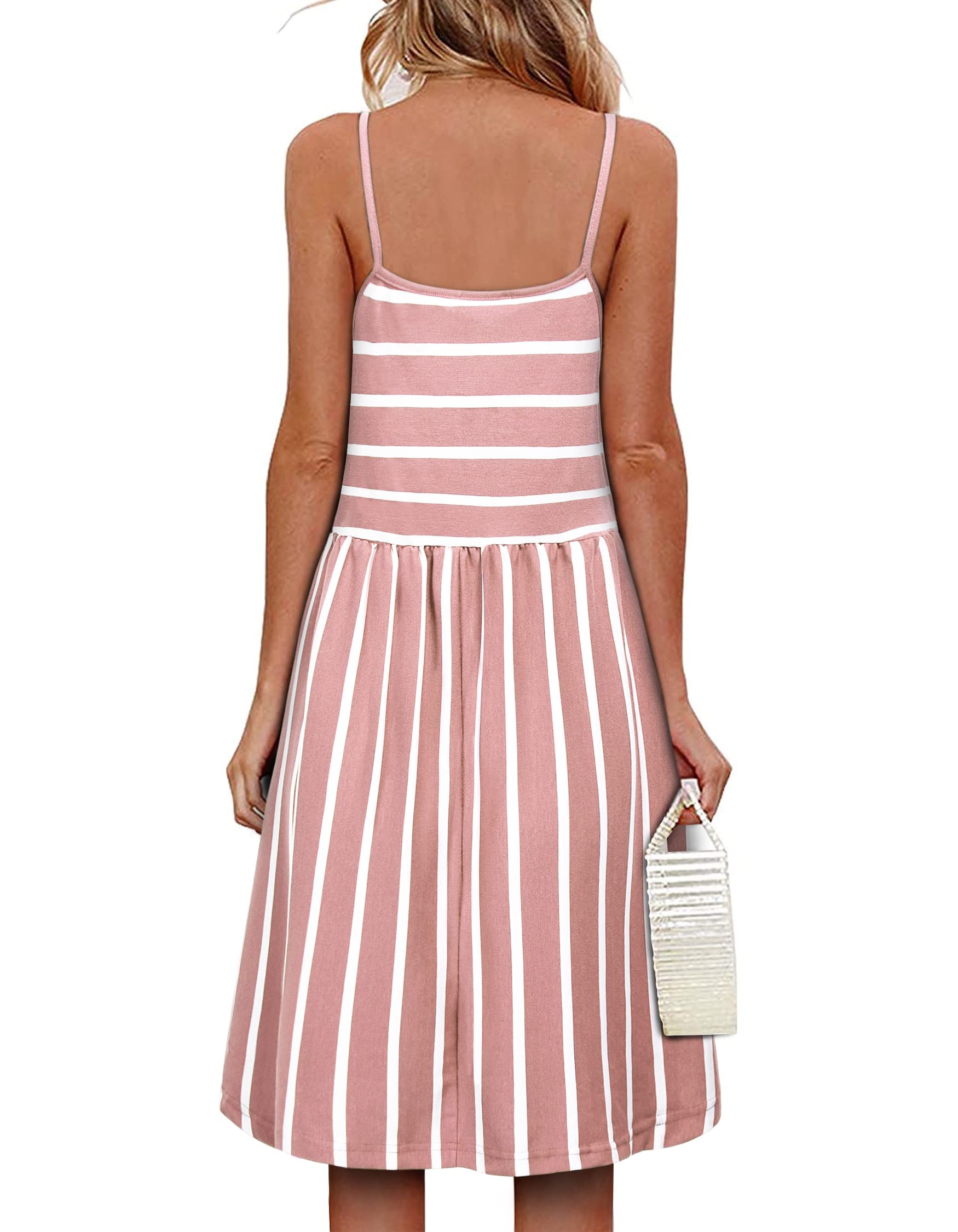 MOQIVGI Women's Spaghetti Strap Pleated Summer Dress with Button Detail - Casual Striped Flowy Midi Dress for Beach, Vacation & Date Night