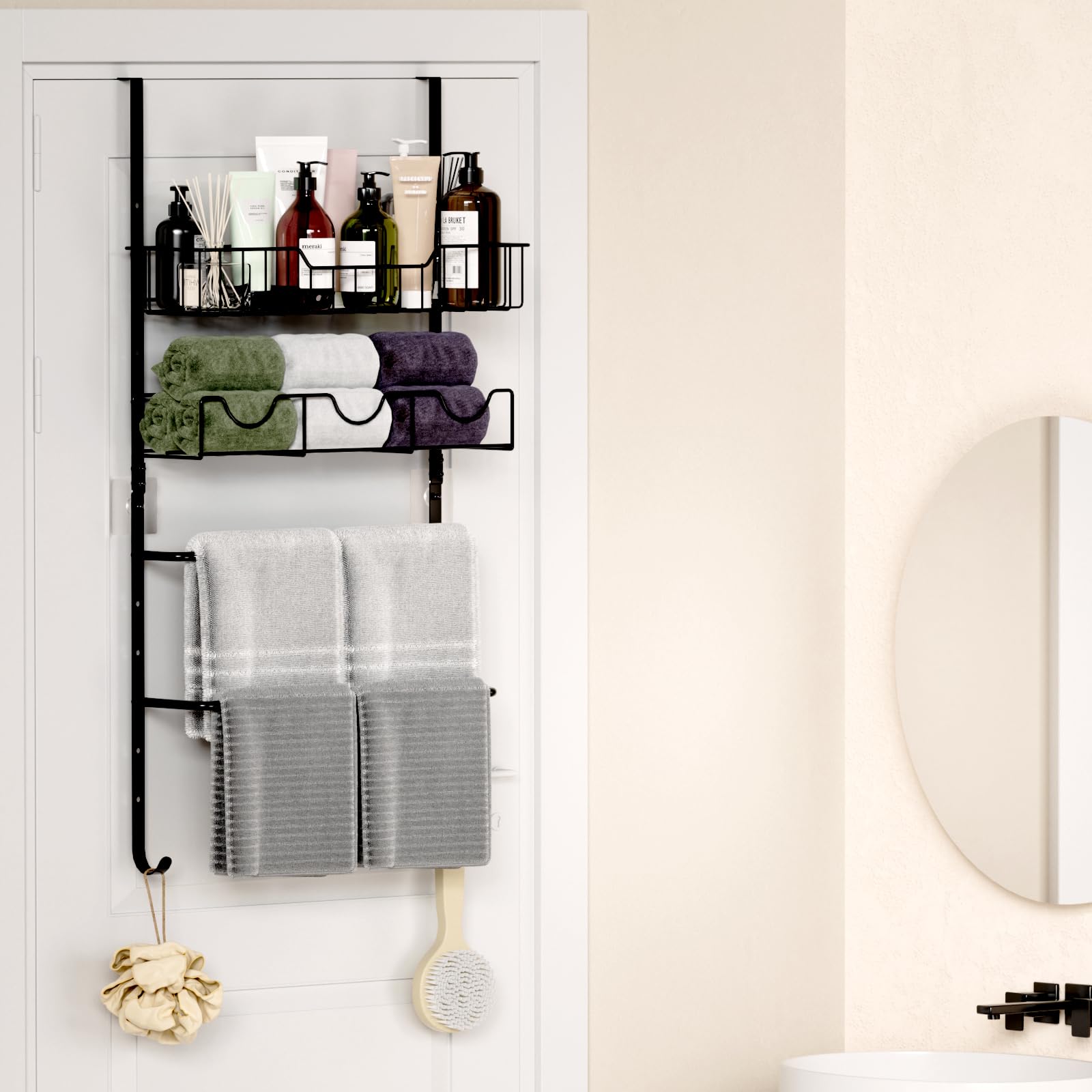 4-Tier Adjustable Over The Door Towel Rack with Storage Basket - Space Saving Bathroom Towel Holder for Bath, Shower & Kitchen - Perfect for Small Spaces, Apartments & Dorm Rooms