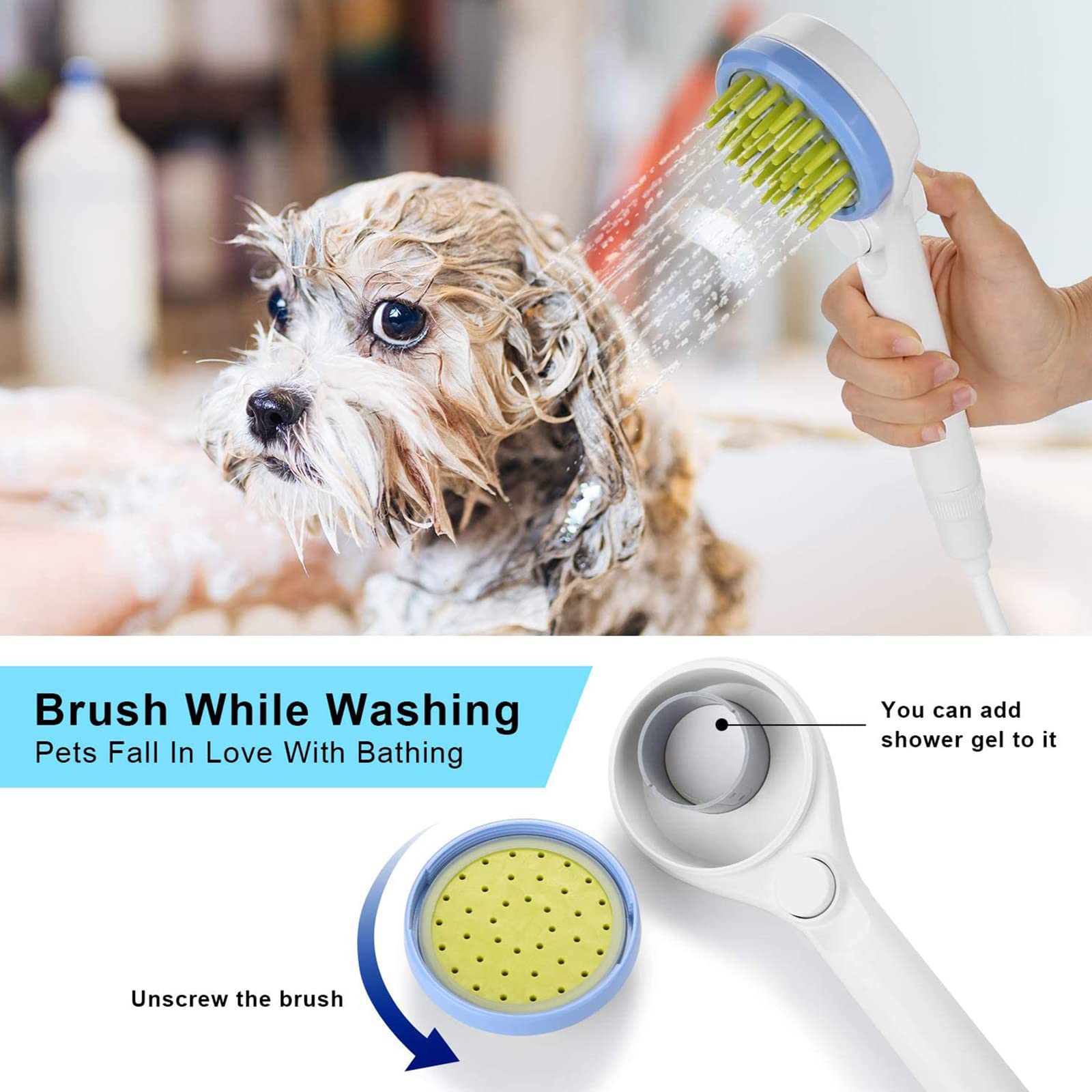 Pet Shower Sprayer Attachment - Dog & Cat Bath Brush with Water Sprinkler | Grooming Shower Head for Bathroom Faucet | Perfect for Bathing Dogs, Cats & Puppies at Home or Professional Grooming Salons