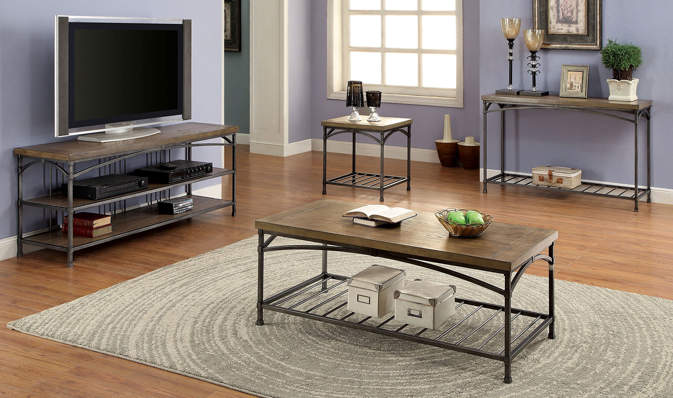 Furniture of America Stenson 60-Inch Industrial TV Stand Console with Storage Shelf - Rustic Natural Wood Finish for Living Room, Bedroom & Home Theater Setup