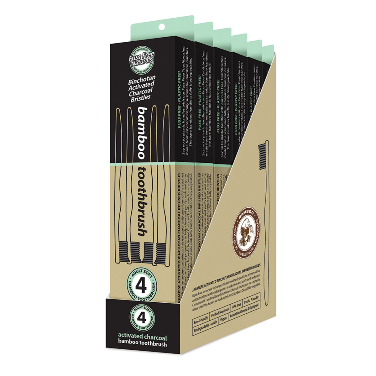 Essenzza Bamboo Charcoal Toothbrush - 4 Pack Eco-Friendly Soft Bristles for Sensitive Teeth - Natural & Biodegradable Oral Care - Perfect for Travel, Home & Sustainable Living