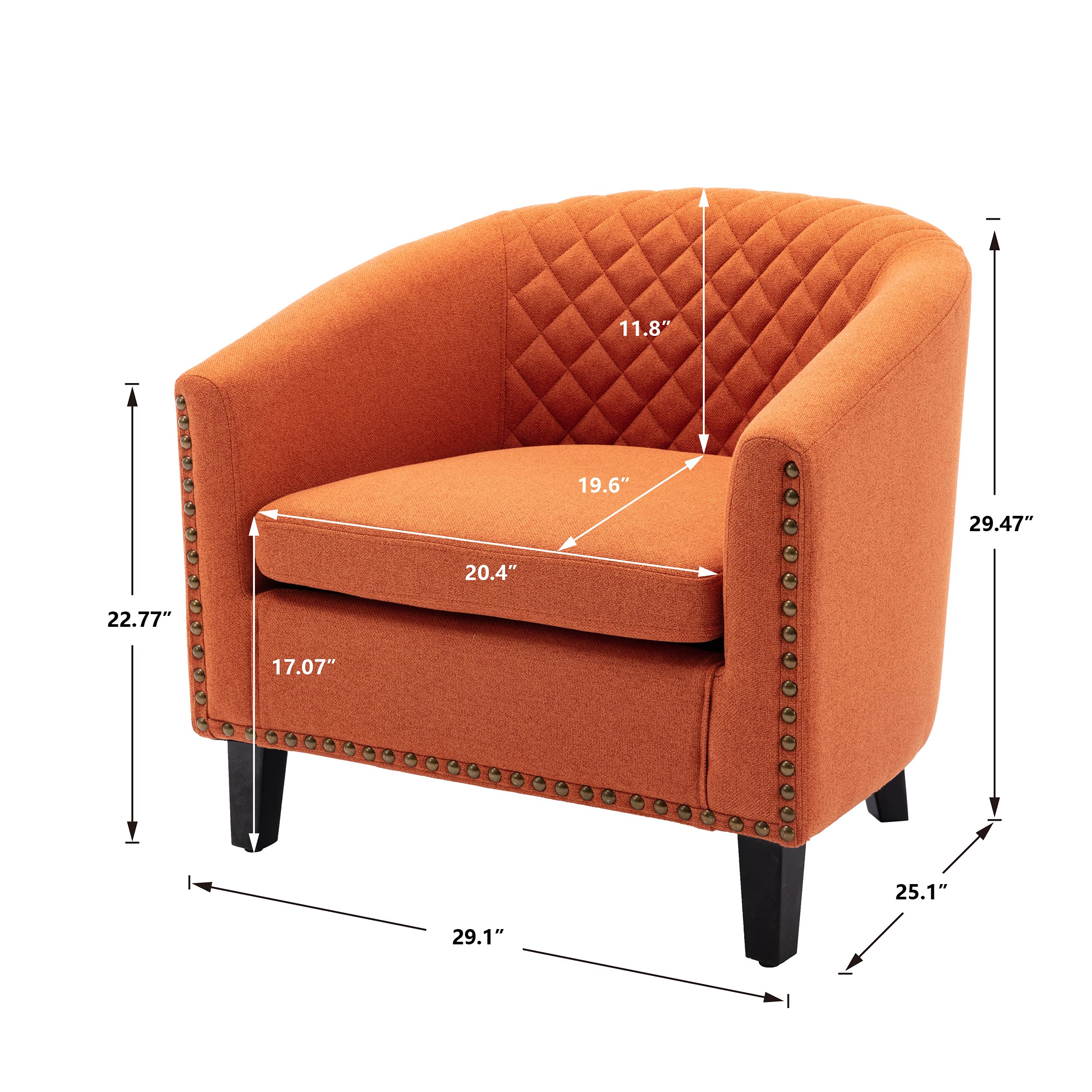 SSLine Classic Upholstered Accent Armchair - Soft Fabric Barrel Club Chair with Solid Wood Legs & Nailhead Trim - Comfortable Living Room Sofa, Office Guest Chair & Bedroom Seating (Orange) - Perfect for Cozy Reading Nooks, Home Offices & Lounge Areas