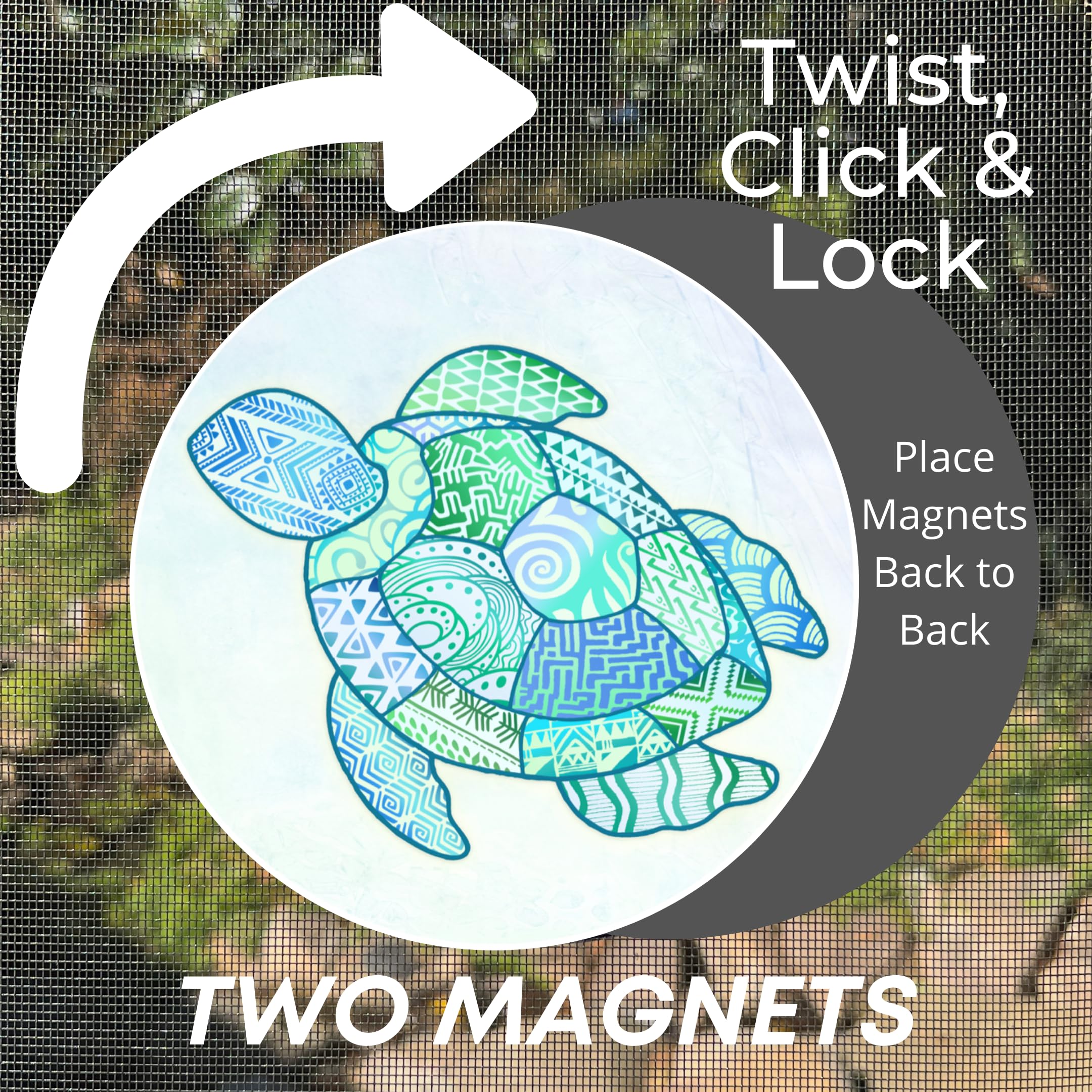 Robbins Aria Magnetic Screen Door Locks - Twist Click & Lock Security for Pets & Kids - Turtle Design Decorative Indicator Saver - Perfect for Homes with Screen Doors & Patio Entryways
