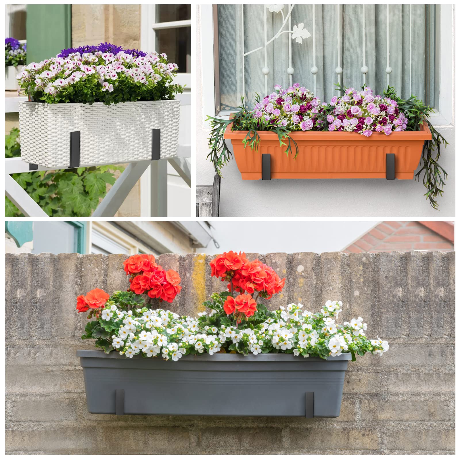 6-Pack Adjustable Planter Box Brackets (6.2-12.6 Inch) - Heavy Duty Wall Mount Flower Pot Holder for Window Boxes, Balcony, Fence & Patio - Black Metal Garden Shelf Brackets for Outdoor & Indoor Plant Displays