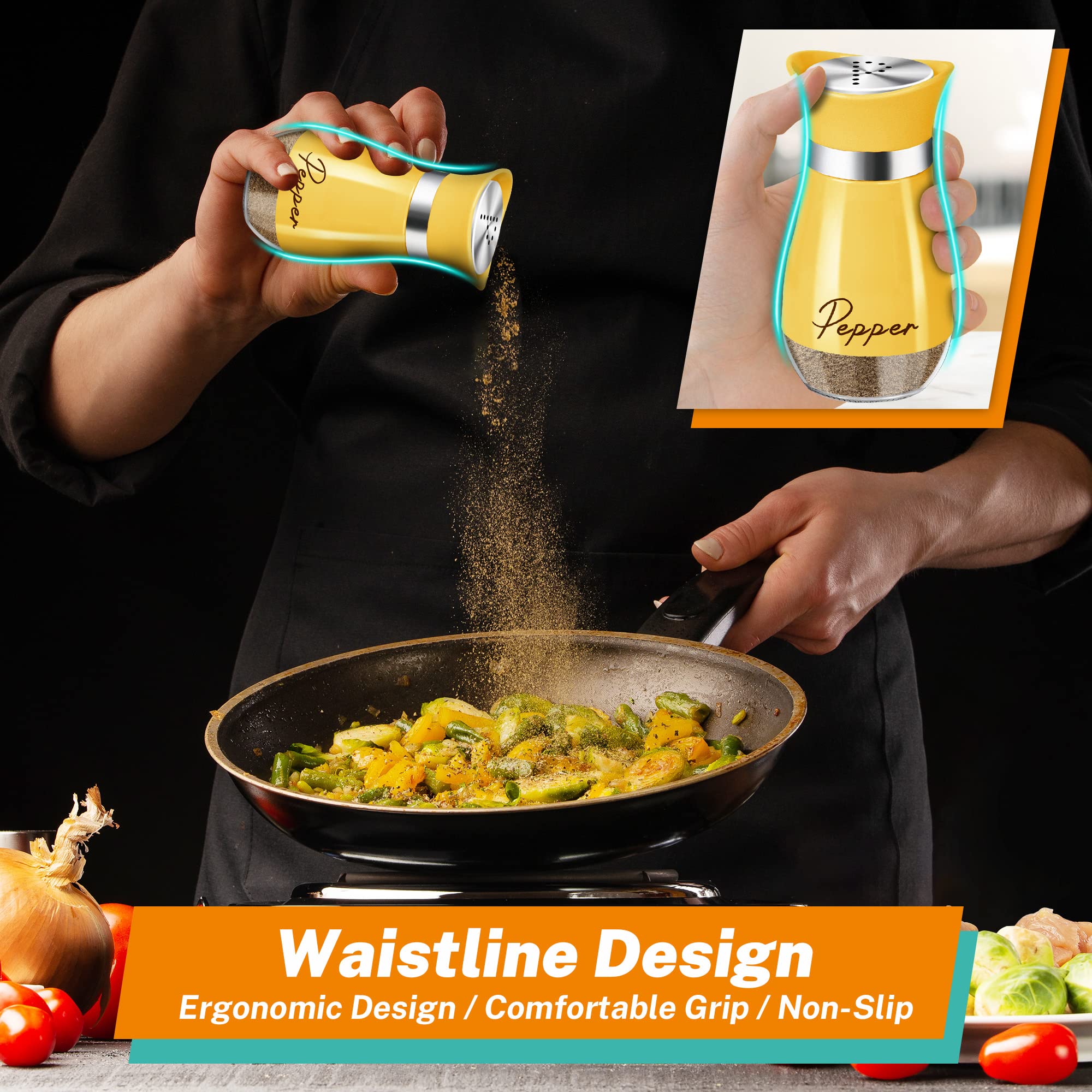 Yellow Salt and Pepper Shakers Set with Holder - 4 oz Refillable Farmhouse Kitchen Decor, Cute Table Accessories & Housewarming Gift for Thanksgiving Christmas (Yellow) - Perfect for Dining Tables, Kitchen Countertops, and Holiday Decorations