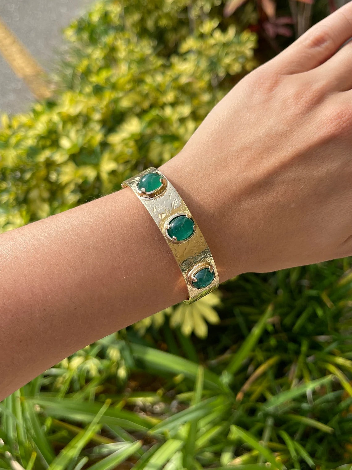 14K Gold Bangle Bracelet with 14.82tcw Natural Cabochon Emerald Three Stone - Elegant Jewelry for Women, Perfect for Weddings, Anniversaries & Special Occasions