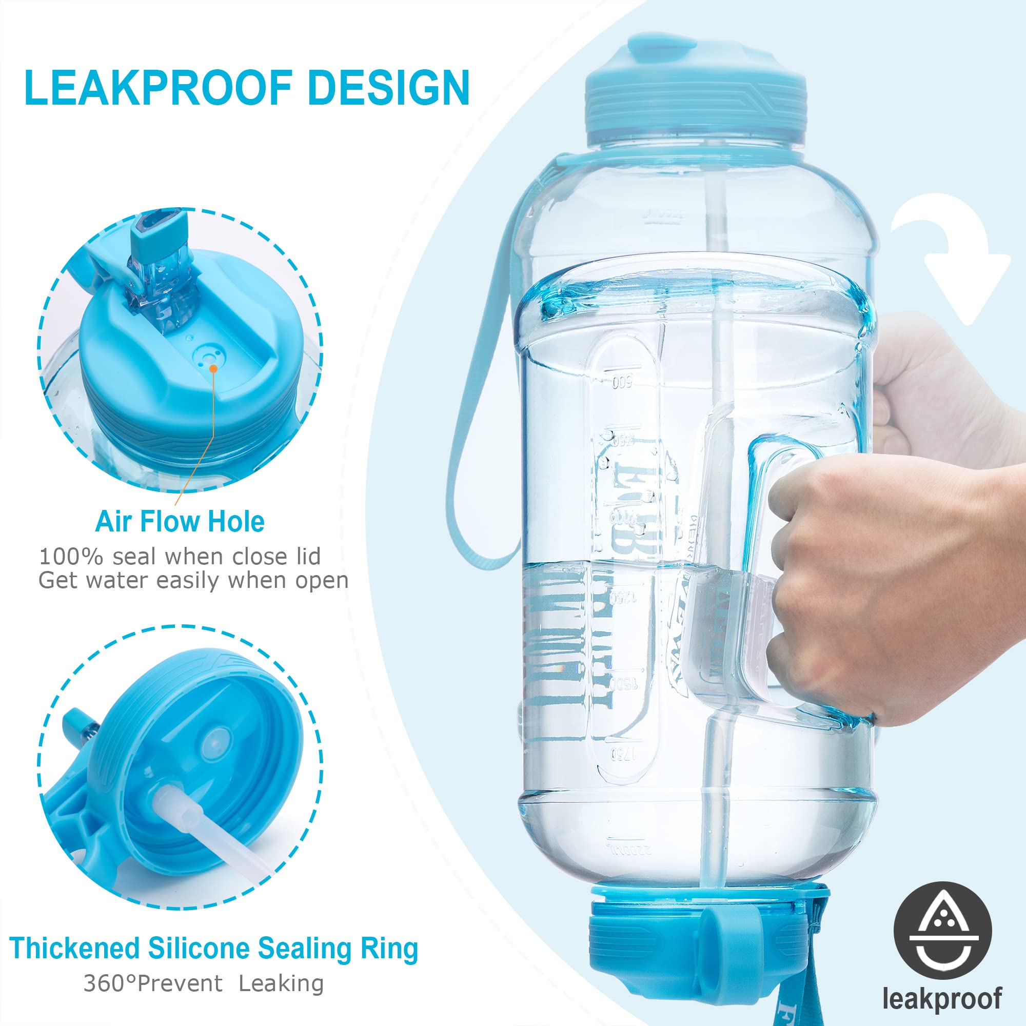 **2.2L (74oz) Large Leakproof Sports Water Bottle with Straw & Handle - BPA Free Half Gallon Jug for Camping, Hiking, Gym & Outdoor Activities (Blue)**
