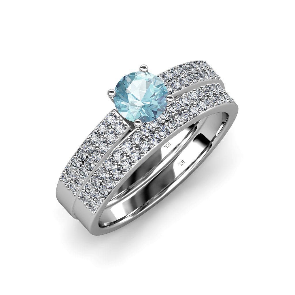 1.65ctw Aquamarine & Diamond Double Row Engagement Ring & Wedding Band Set in 14K White Gold – Perfect for Proposals, Anniversaries & Bridal Jewelry