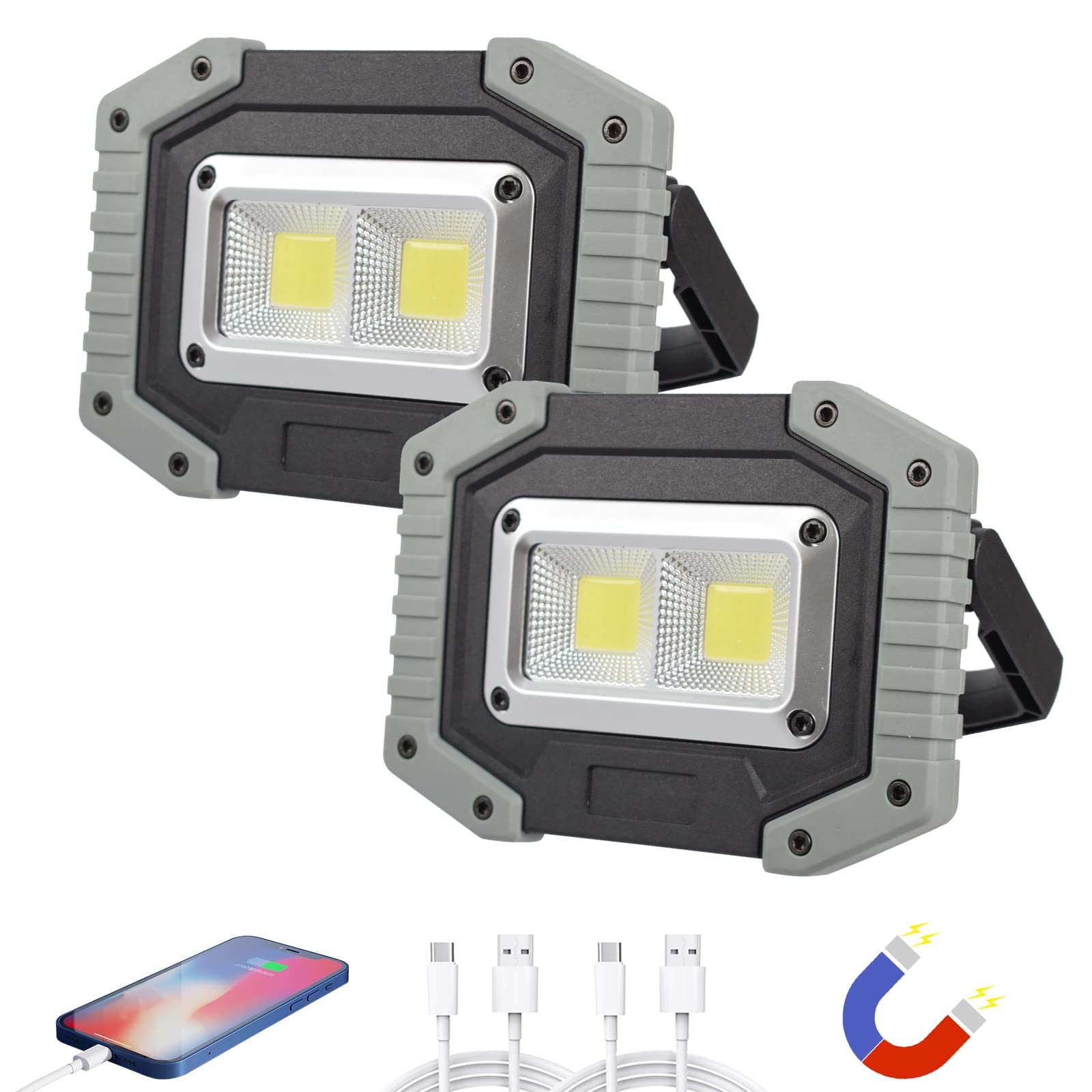 OTYTY 2-Pack 30W 1500LM Rechargeable LED Work Light with Magnetic Base, 4200mAh Battery - Portable Flood Lights for Camping, Car Repair, Emergency, Outdoor & Indoor Use (W840 Grey)