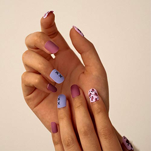 Bodiy Leopard Press on Nails - Matte Purple Short Square Fake Nails for Women & Girls (24 Pieces) | Easy DIY Artificial Nails for Daily Office Wear & Special Occasions