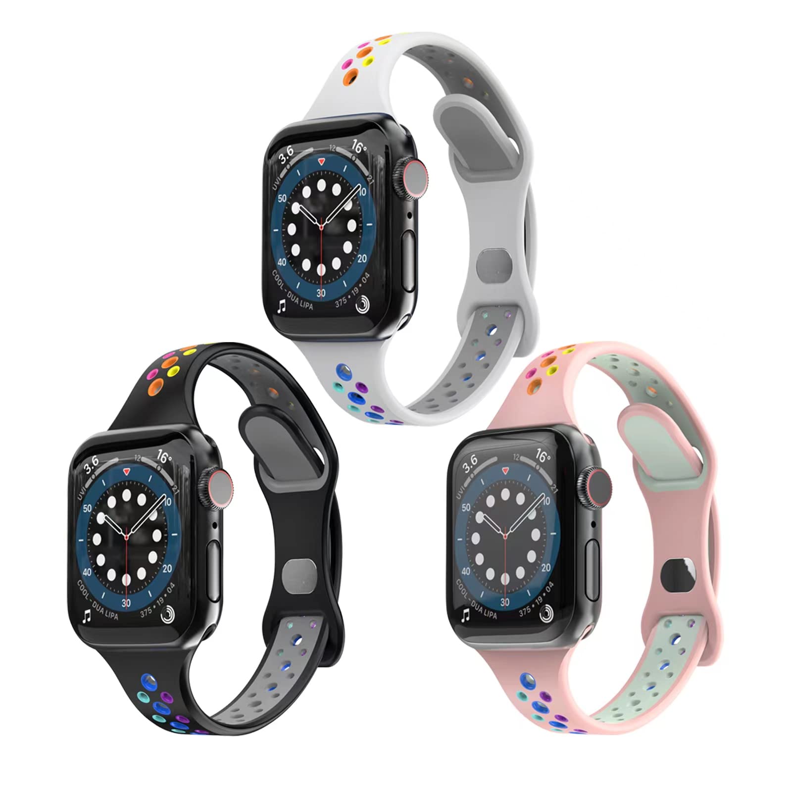 3 Pack Soft Silicone Breathable Sports Bands - Colorful Rainbow Pride Watch Straps Compatible with Apple Watch 38mm 40mm 41mm 42mm 44mm 45mm - Replacement Wristband for iWatch Series SE/1/2/3/4/5/6/7 - Perfect for Women, Girls, Workouts & Daily Wear