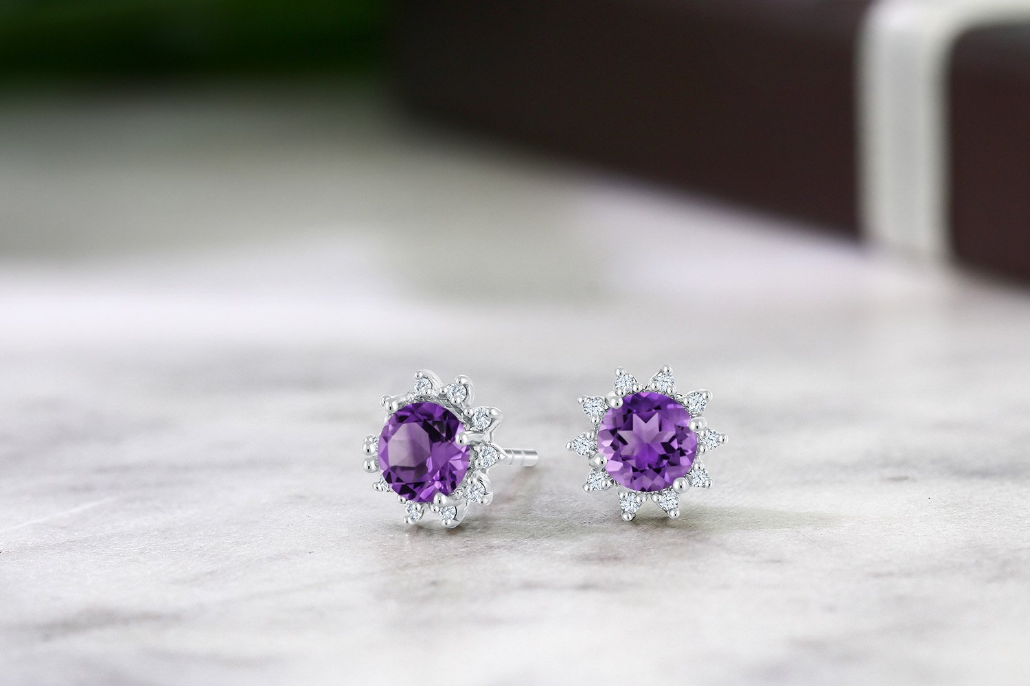 18K White Gold Gemstone Birthstone & White Diamond Halo Stud Earrings for Women | Elegant Gift for Anniversary, Birthday & Special Occasions | Perfect for Everyday Wear & Formal Events