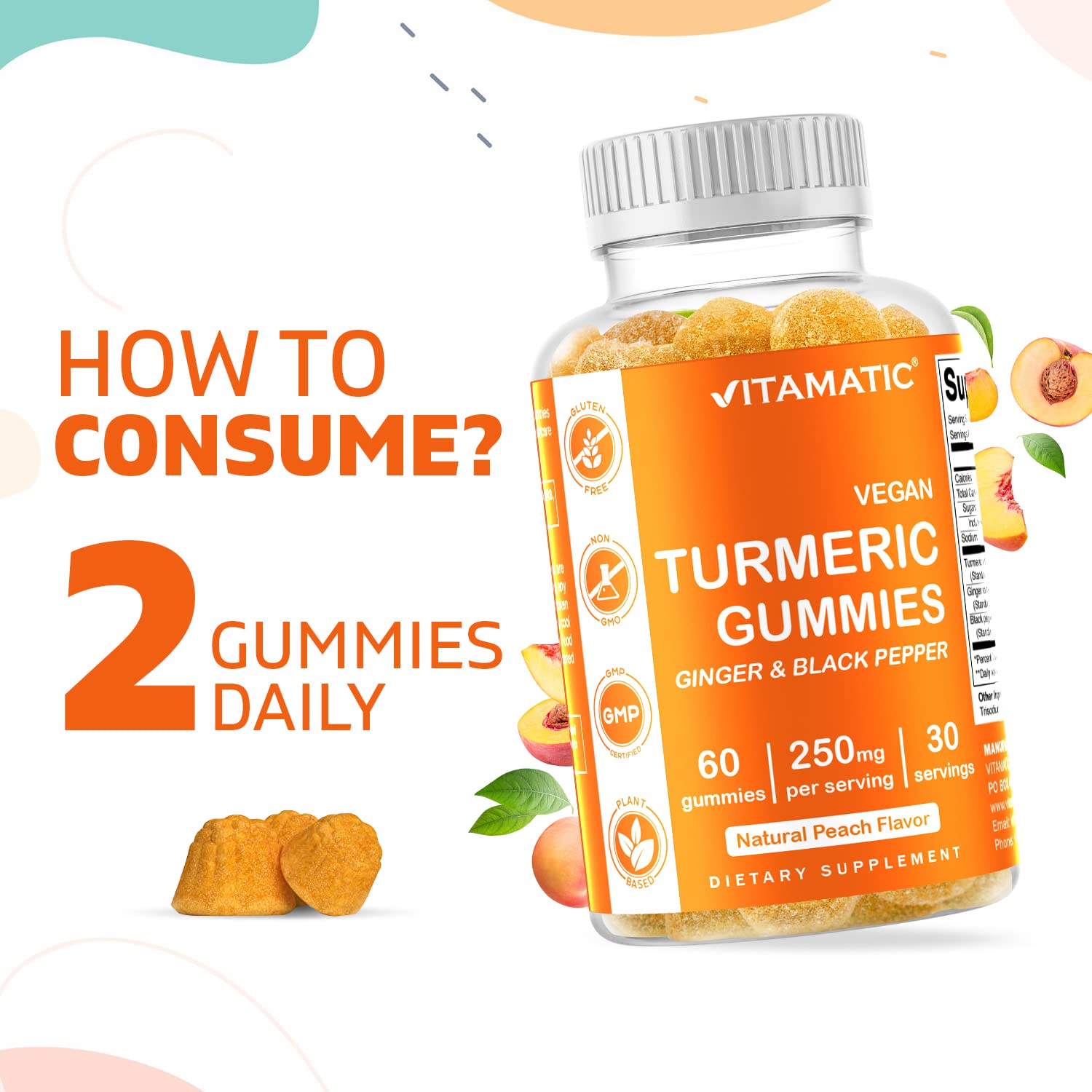 Vitamatic Turmeric Gummies with Ginger & Black Pepper Extract - 95% Curcuminoids - 60 Vegan Gummies for Immune Support & Joint Health - Natural Anti-Inflammatory Supplement for Daily Wellness