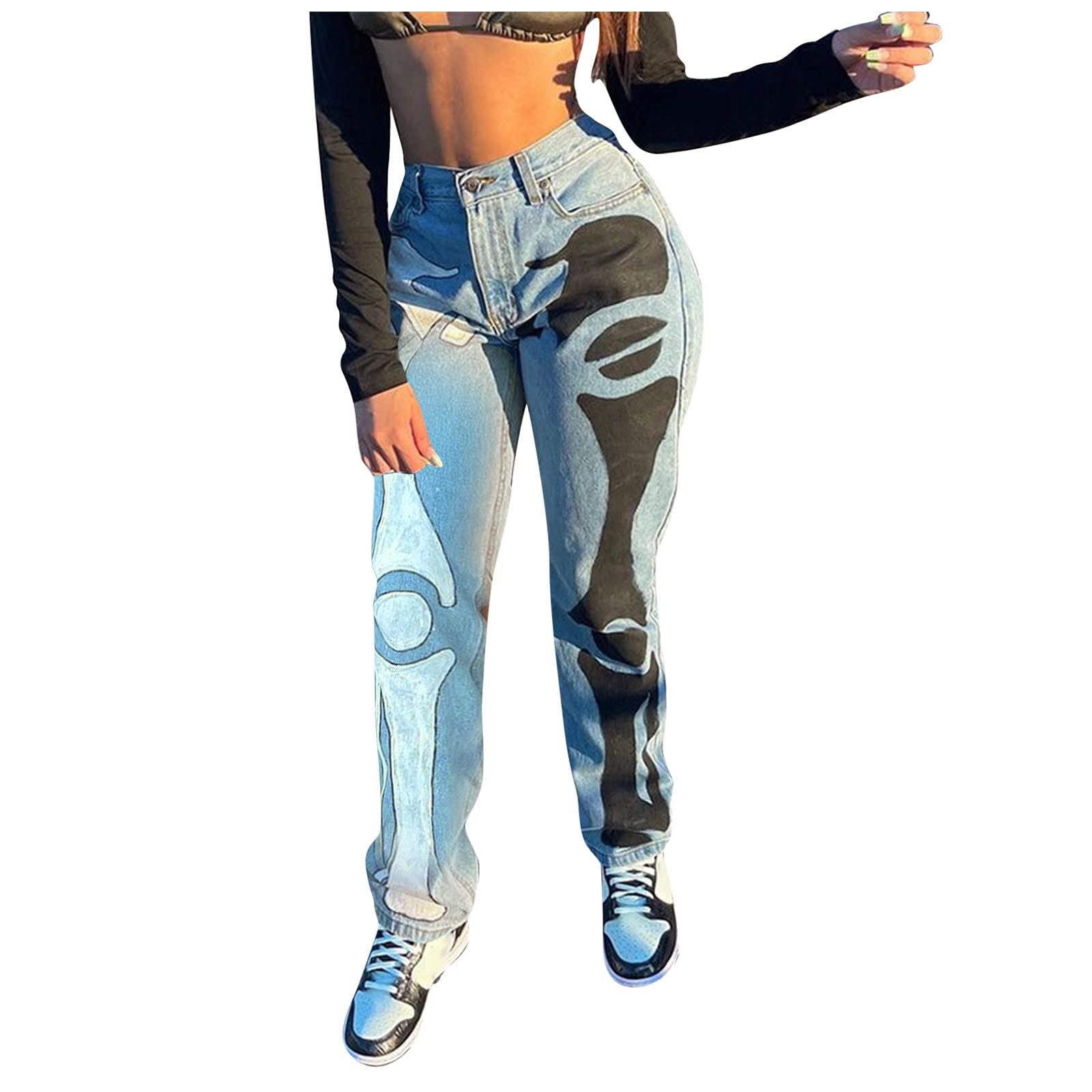 Women's Loose Fit Printed Straight Leg Button Fly Low Rise Jeans with Pockets - Vintage Mom Jeans for Casual Wear & Everyday Outfits