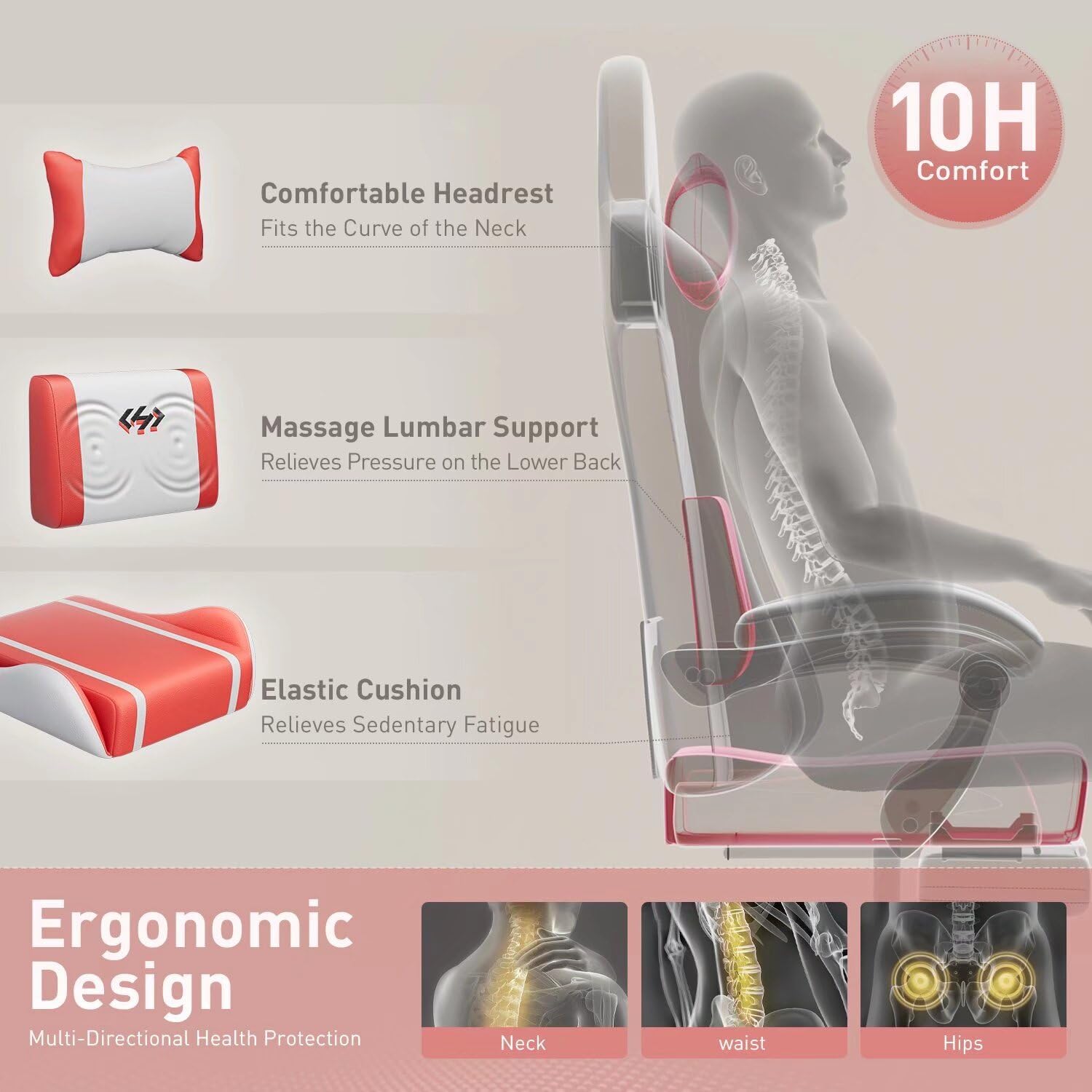 Premium Ergonomic Gaming Chair with Headrest & Lumbar Support - Adjustable Swivel PU Leather Computer Chair for Adults - White & Red Gamer Chair for PC, Office & Streaming Setup