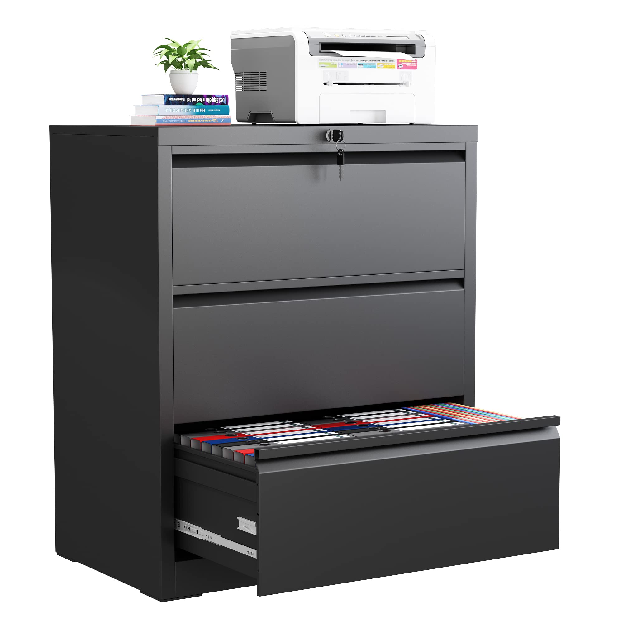 Locking Lateral File Cabinet with Key - Metal Steel Office Filing Cabinet for Legal/Letter/A4/F4 Documents - Secure Horizontal Storage for Home & Office Organization