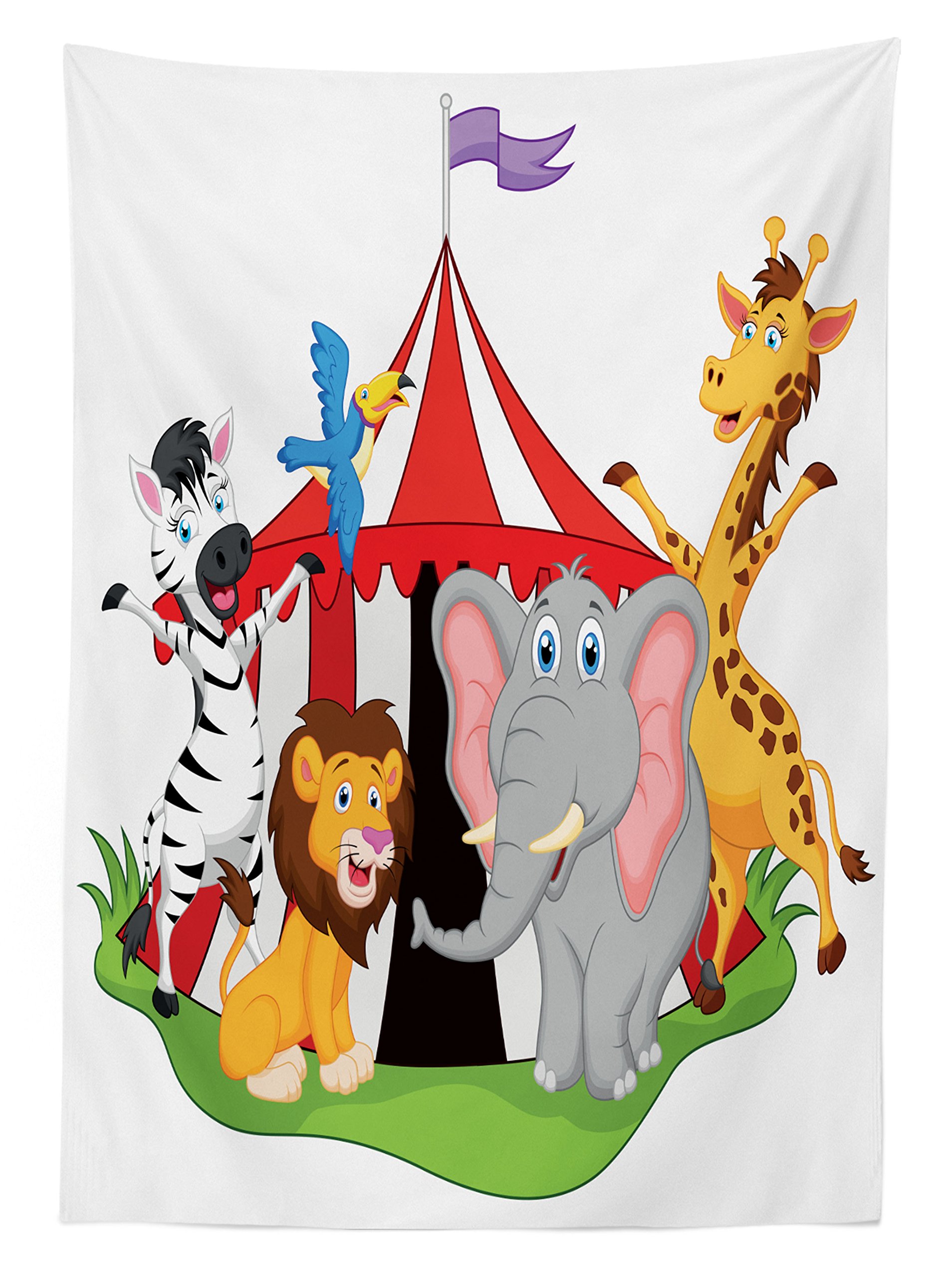 Ambesonne Circus Themed Outdoor Tablecloth - Colorful Acrobat, Elephant & Giraffe Design - Washable Picnic Table Cover 58x104 Inches - Perfect for Birthday Parties, BBQs & Outdoor Events (Red, Green, Yellow)