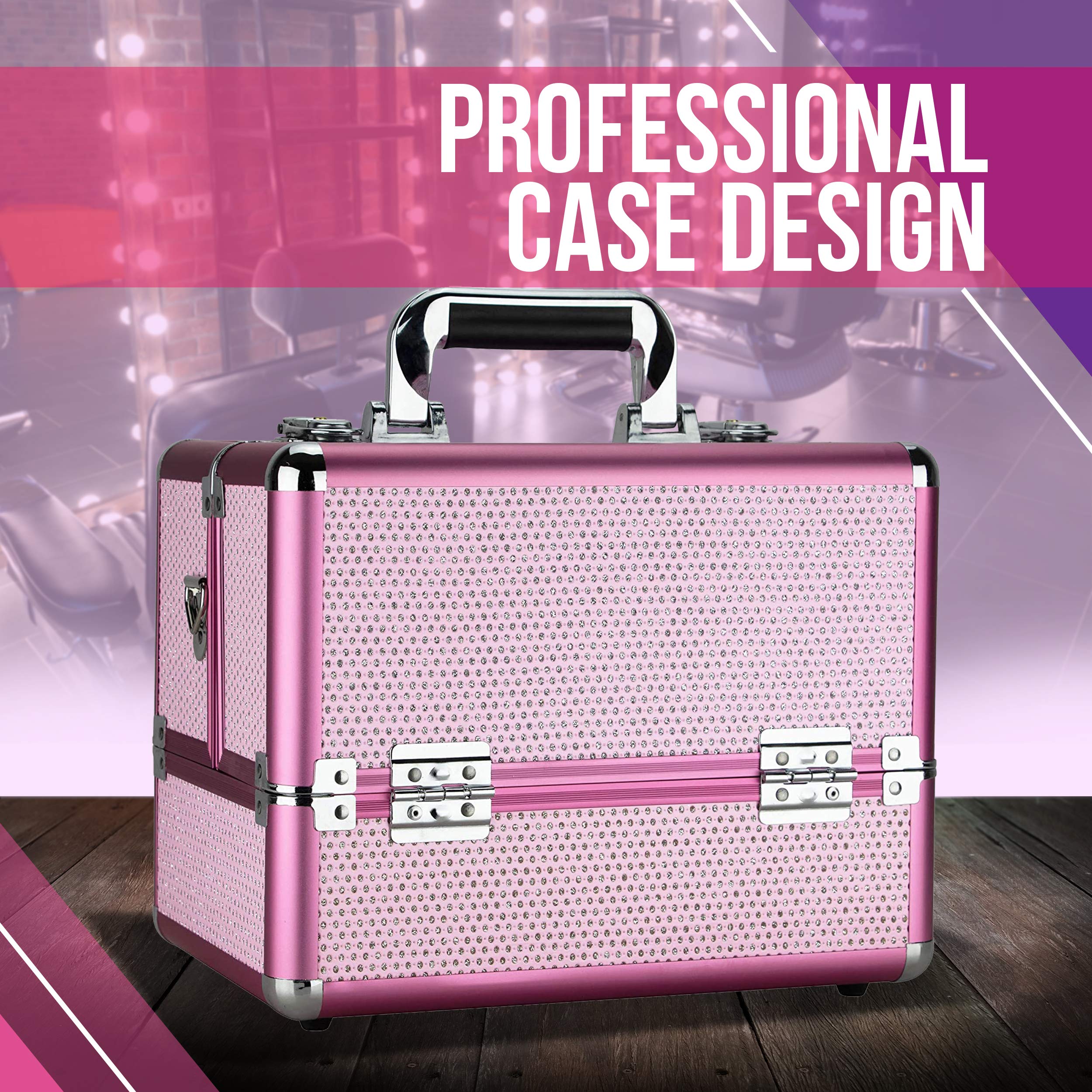 Ver Beauty Professional Makeup Case - 2 Tier Extendable Travel Makeup Organizer with Heavy Duty Construction, Pink Krystal Cosmetic Bag (VP009-43) | Perfect for Makeup Artists, Travel & Salon Storage