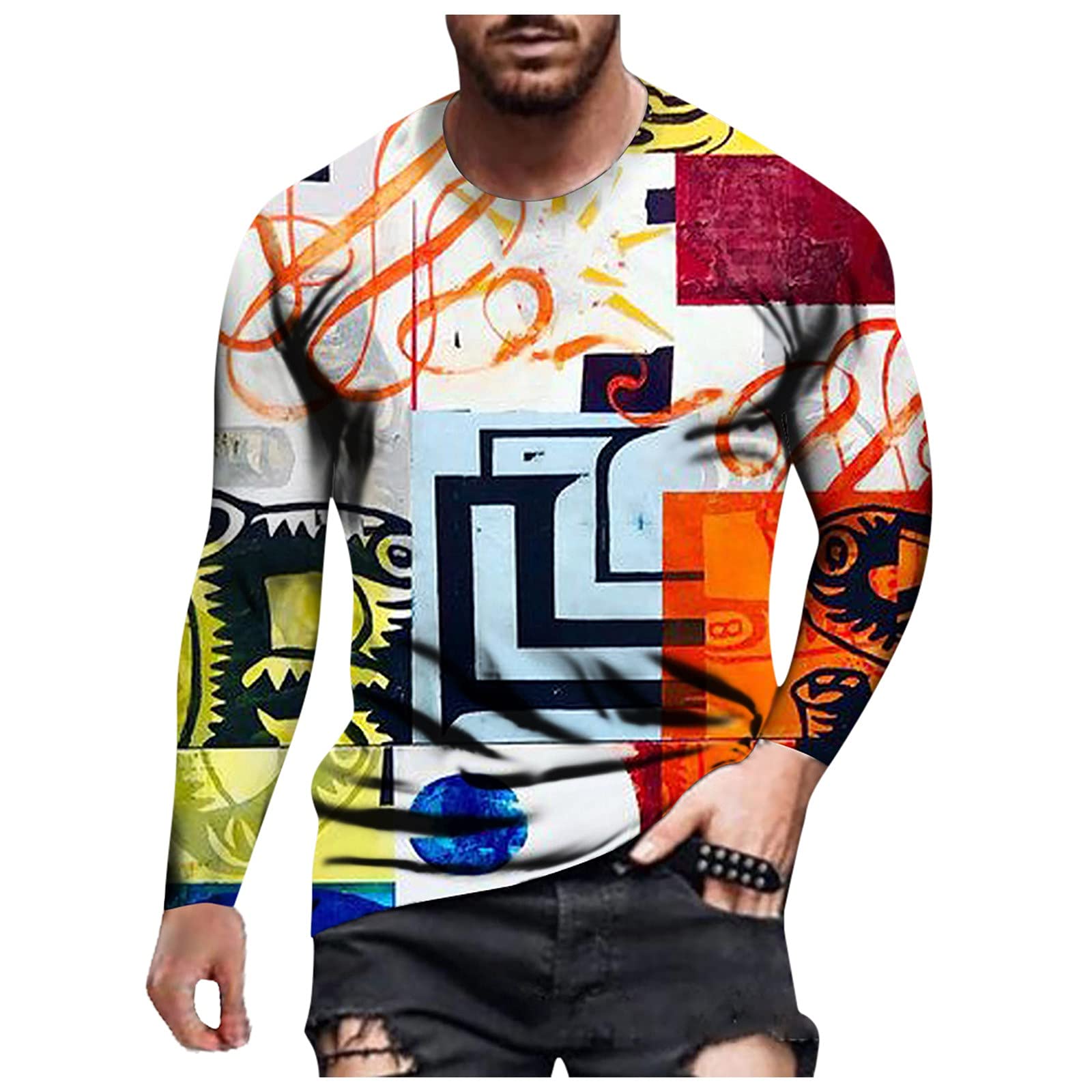 Stylish Retro Graphic Print Men's T-Shirt - Urban Streetwear Long Sleeve Crewneck Top for Casual Wear | Perfect for Hipster Fashion, Daily Outfits & Street Style