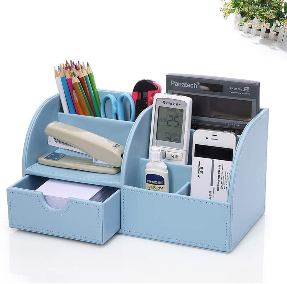 Premium Leather Desk Organizer with Drawer - Multifunctional Pen & Pencil Holder, Office Stationery Storage Box for Home & Workspace (Blue) - Perfect for Office, Study & Gift Giving