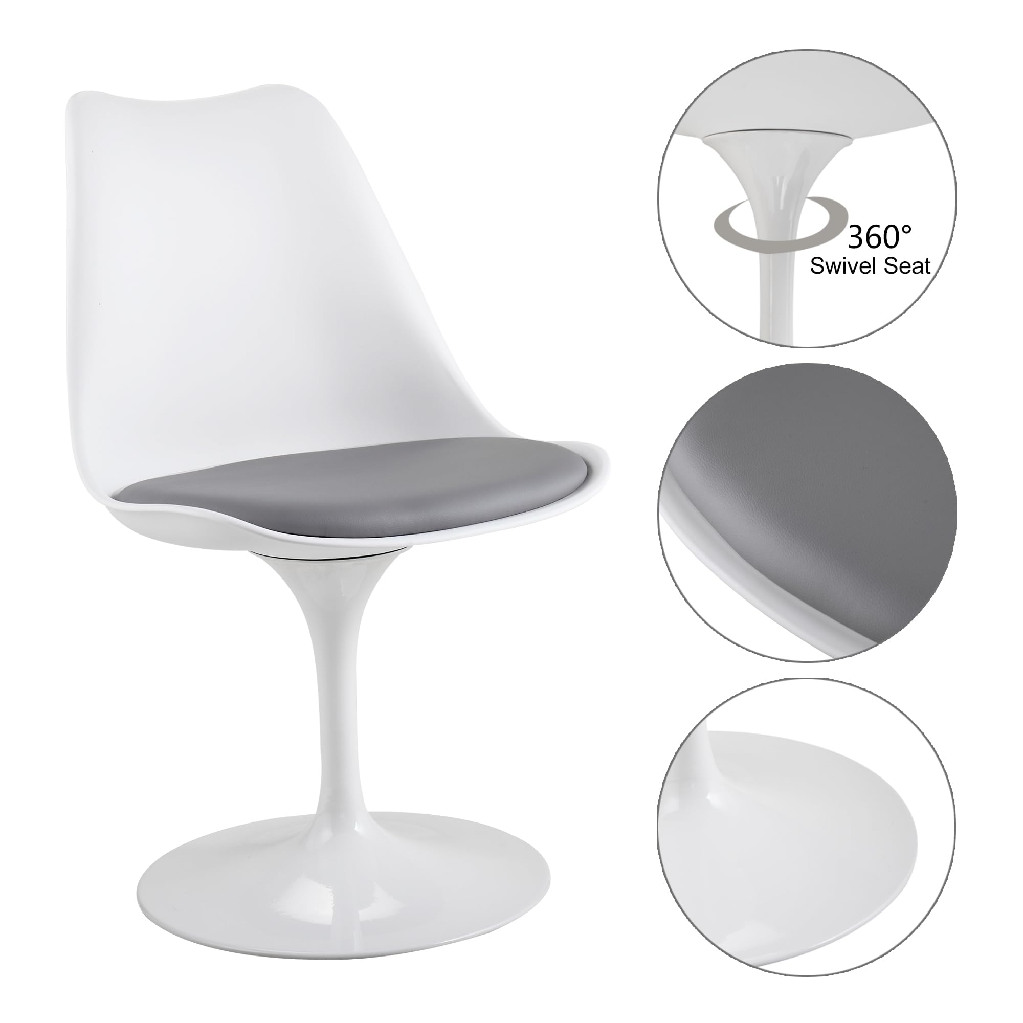 JAXPETY Swivel Tulip Side Chair with Cushioned Seat - Modern Kitchen Dining Room, Office & Bar Stool - White and Gray - Perfect for Small Spaces, Breakfast Nooks & Home Decor