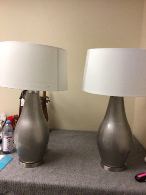 Modern Grey & Chrome Table Lamps with Fabric Shades - Bedside, Living Room, or Office Lighting Decor