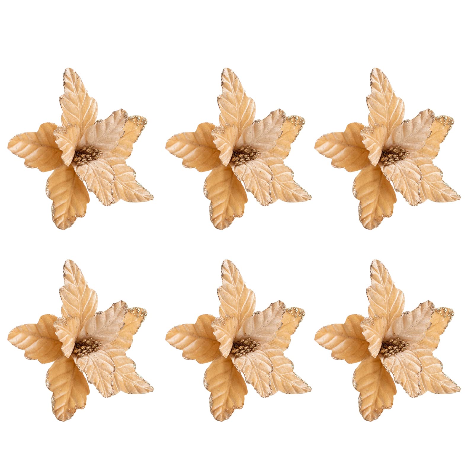 6-Piece Glitter Poinsettia Christmas Tree Ornaments Set - Festive Xmas Decor for Holiday Trees, Wreaths, Mantels & Table Centerpieces - Red & Gold Shimmering Artificial Flowers for Home & Party Decorations