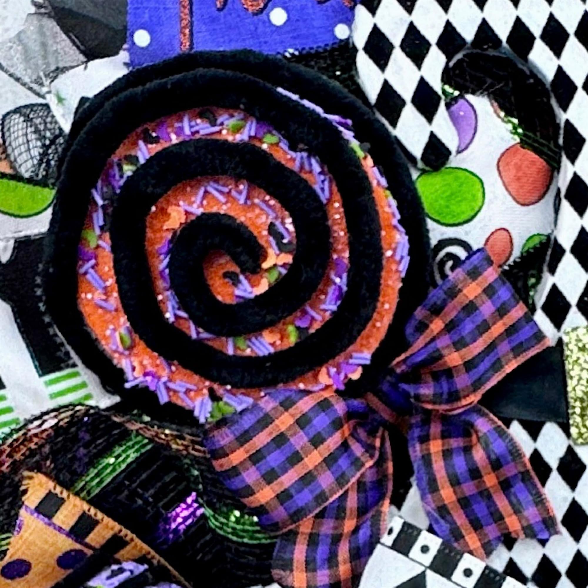 Handmade Halloween Witch Hat & Legs Wreath with Lollipop, Candy, Cake Pop, and Ball Ornament - Spooky Front Door Decor for Halloween Party, Trick or Treat, Home & Outdoor Halloween Decorations
