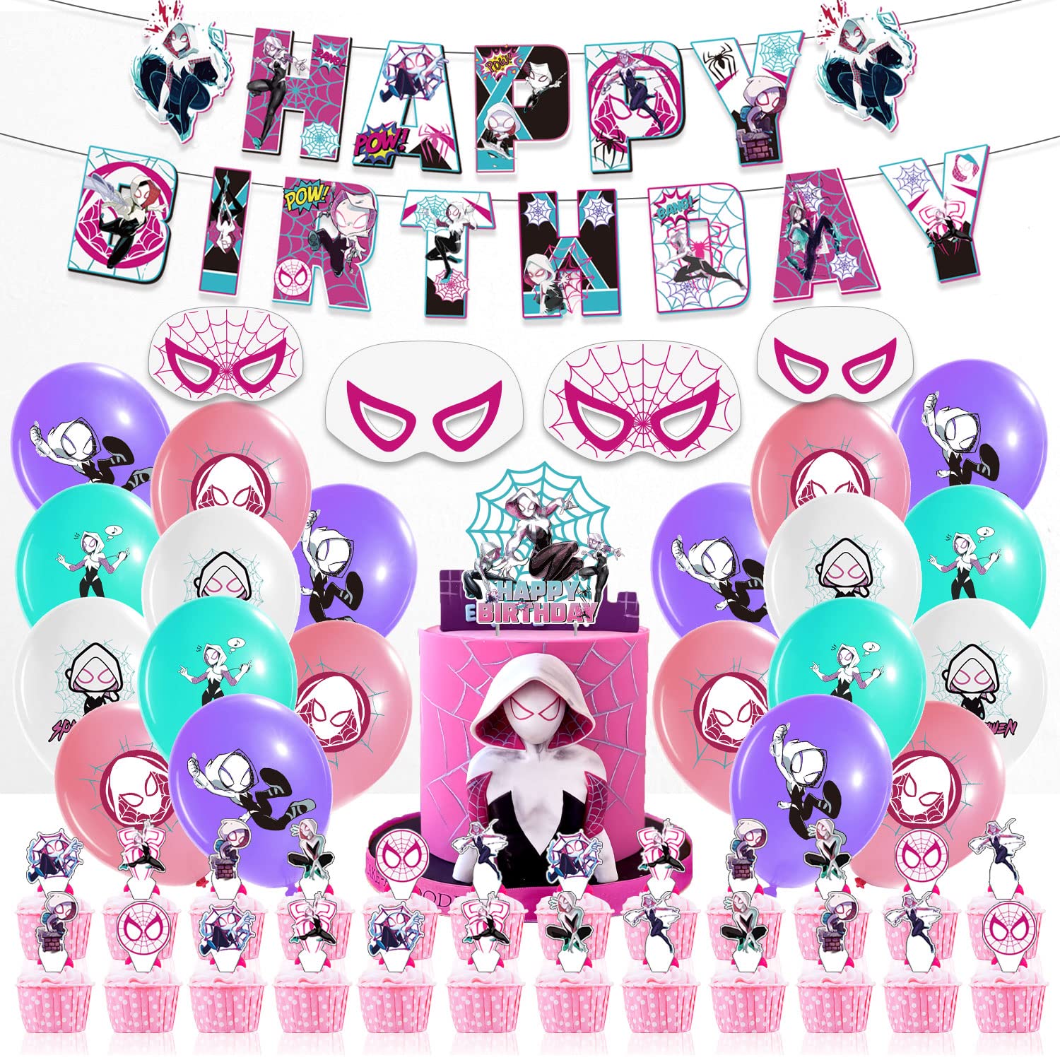 Birthday Party Supplies & Decorations Kit - Includes Masks, Cupcake Toppers, Banner & Latex Balloons for Girls Birthday Celebrations | Perfect for Kids Parties, Baby Showers & Themed Events