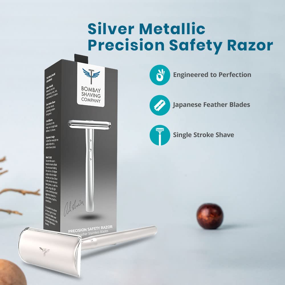 Bombay Shaving Company Silver Precision Safety Razor for Men - Premium Stainless Steel Shaving Kit with Travel Case - Perfect Gift Set for Him - Smooth Shaving Experience at Home or Travel