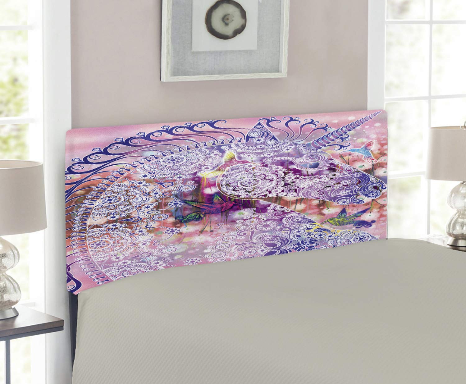 Ambesonne Twin Size Unicorn Headboard - Upholstered Decorative Metal Bed Headboard with Memory Foam, Fantasy Animal Design with Floral Ornaments & Birds on Pink Background (Pink & Purple) - Perfect for Girls' Bedroom, Nursery Decor or Fantasy-Themed Room
