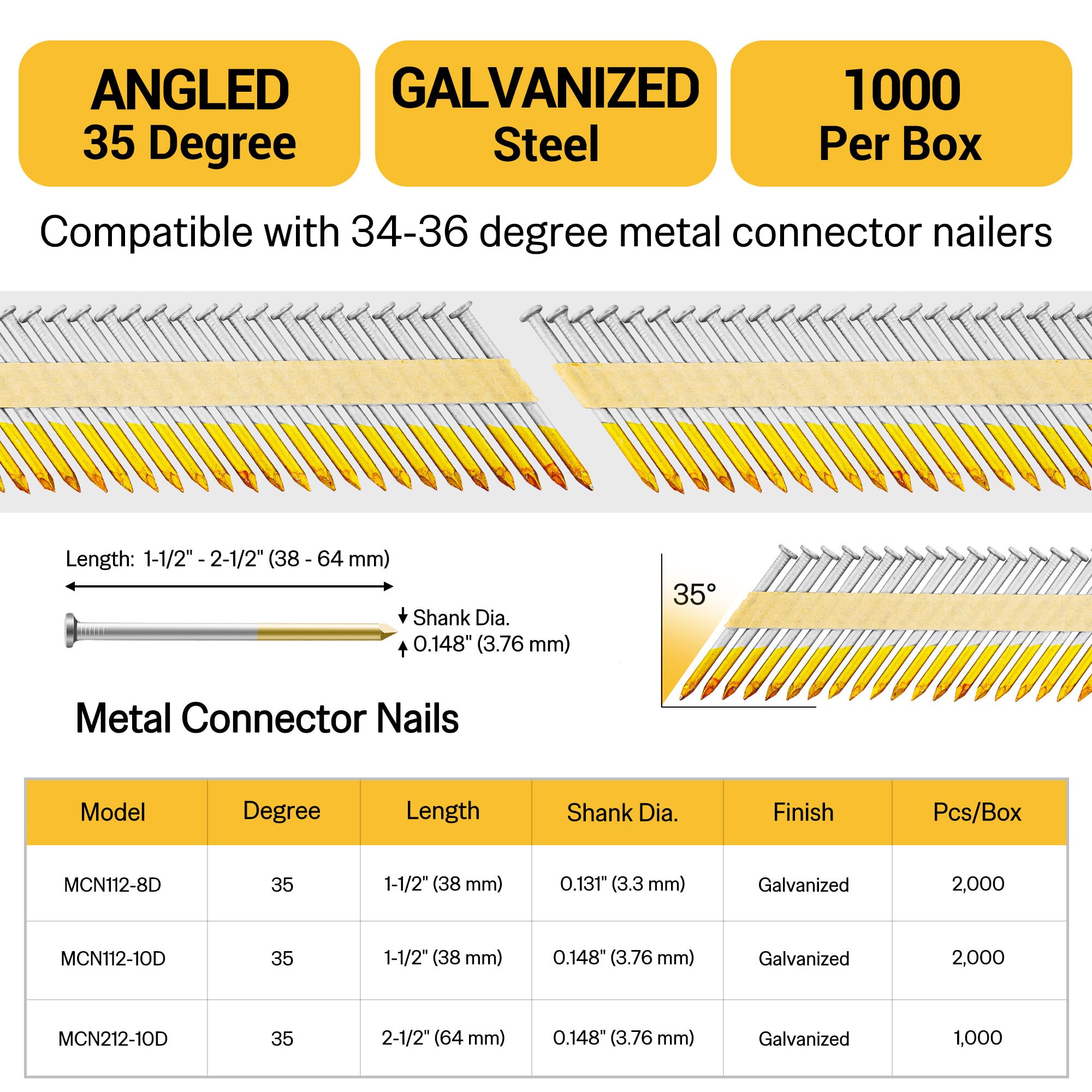 Meite 2-1/2 Inch Galvanized Joist Hanger Nails - 35 Degree Paper Tape Collated Smooth Shank Framing Nails for Metal Connector Nailers (1,000 Count) - Perfect for Roofing, Decking & Structural Framing Projects