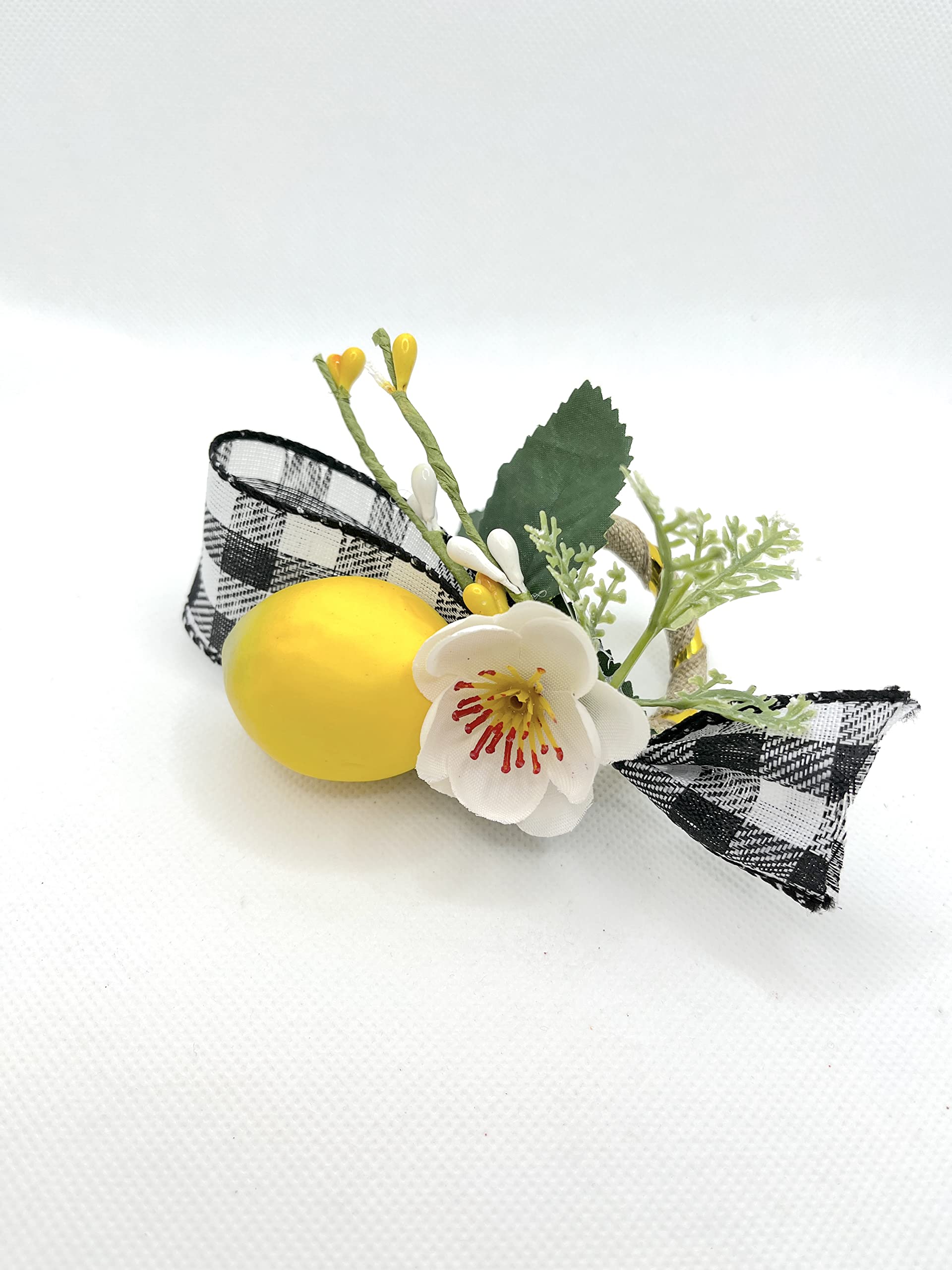 Lemon & Buffalo Plaid Napkin Rings Set of 6 - Vine Leaf Napkin Holders for Wedding, Birthday Party, Spring & Summer Dinner Decor - Rustic Farmhouse Table Setting Accessories for Home Dining Room Decorations