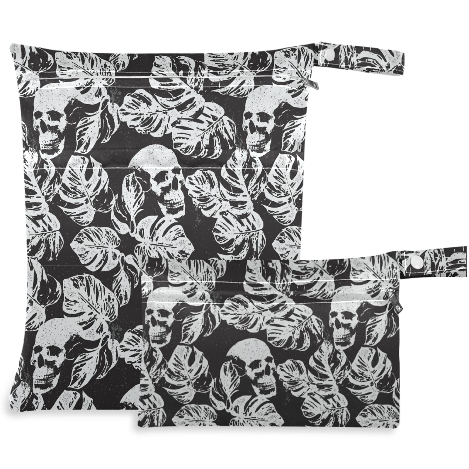 Visesunny 2Pcs Skull Leaf Black Pattern Wet Bags with Zippered Pockets - Washable & Reusable Waterproof Storage for Travel, Beach, Pool, Daycare, Stroller, Diapers, Gym Clothes, Swimsuits & Toiletries - Perfect for Baby Essentials, Sports Gear & Wet Items Organization