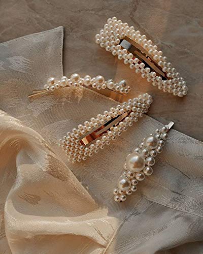 Shengjun Pearl Hair Clips Set for Women & Girls - 4pcs Handmade Large Bow Hair Clips, Hair Ties for Birthday, Valentines Day, Bridesmaid Gifts - Bling Hair Accessories for Parties, Weddings & Everyday Styling