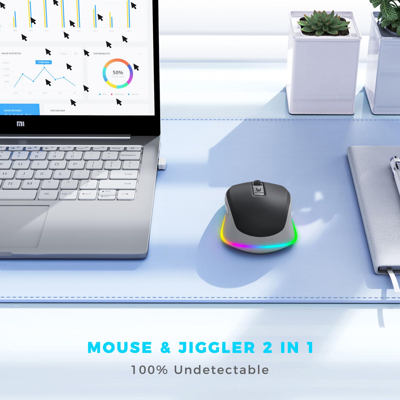 PEIOUS Wireless Mouse Jiggler - Undetectable Random Movement USB Mouse with Built-in Mover, Rechargeable Silent Mouse for Laptop/PC to Keep Computer Awake (Black & Grey) - Perfect for Remote Work, Online Meetings & Preventing Screen Lock
