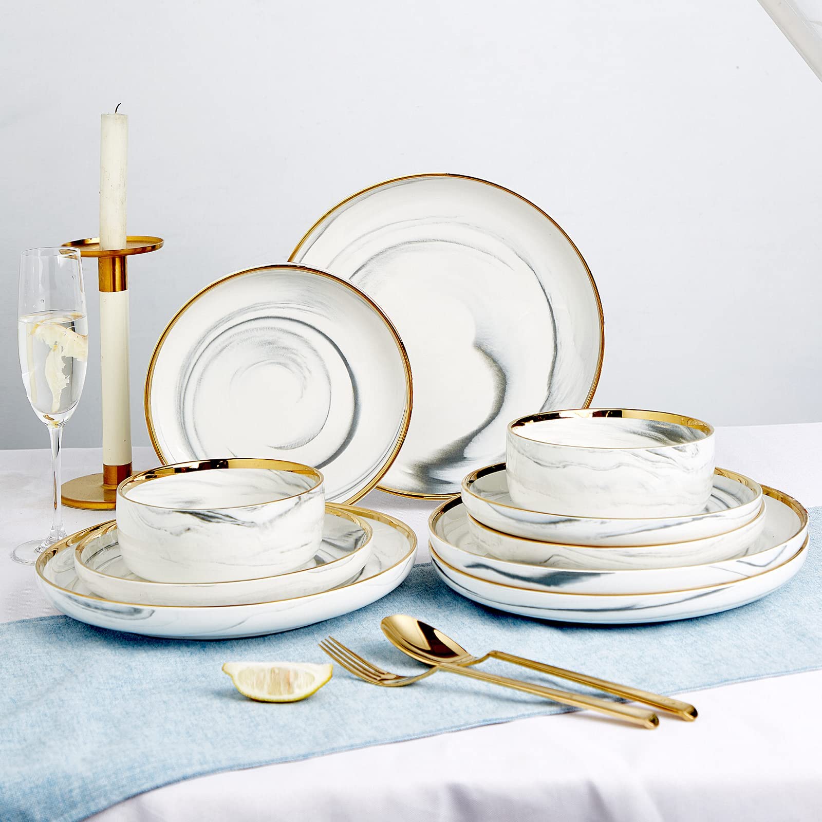 Luxury 12-Piece Gold Marble Porcelain Dinnerware Set - Plates & Bowls for 4, Elegant Stoneware Dish Set for Fine Dining & Entertaining - Perfect for Weddings, Anniversaries & Holiday Gatherings