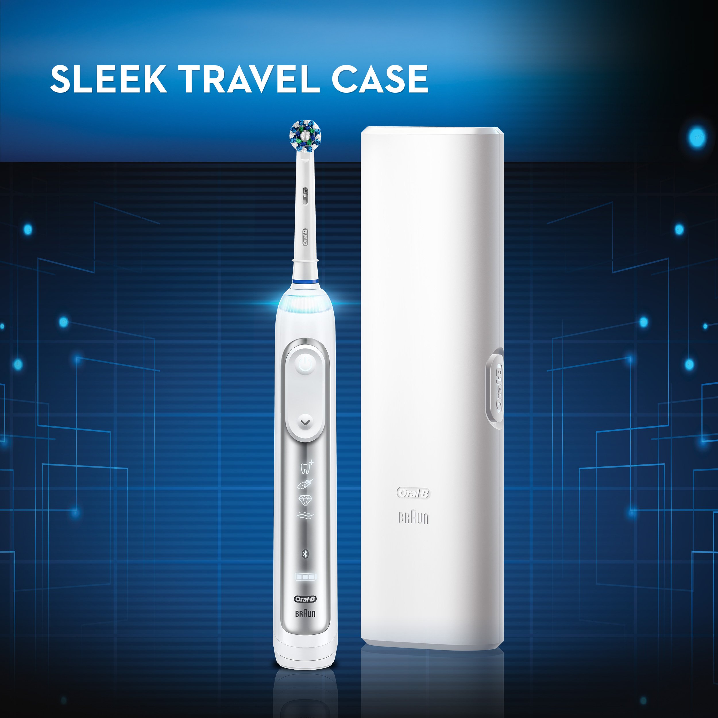 Oral-B 7500 Electric Toothbrush with 3 Replacement Brush Heads & Travel Case - Smart Pressure Sensor, Bluetooth Connectivity, White - Perfect for Travel, Home & Daily Oral Care