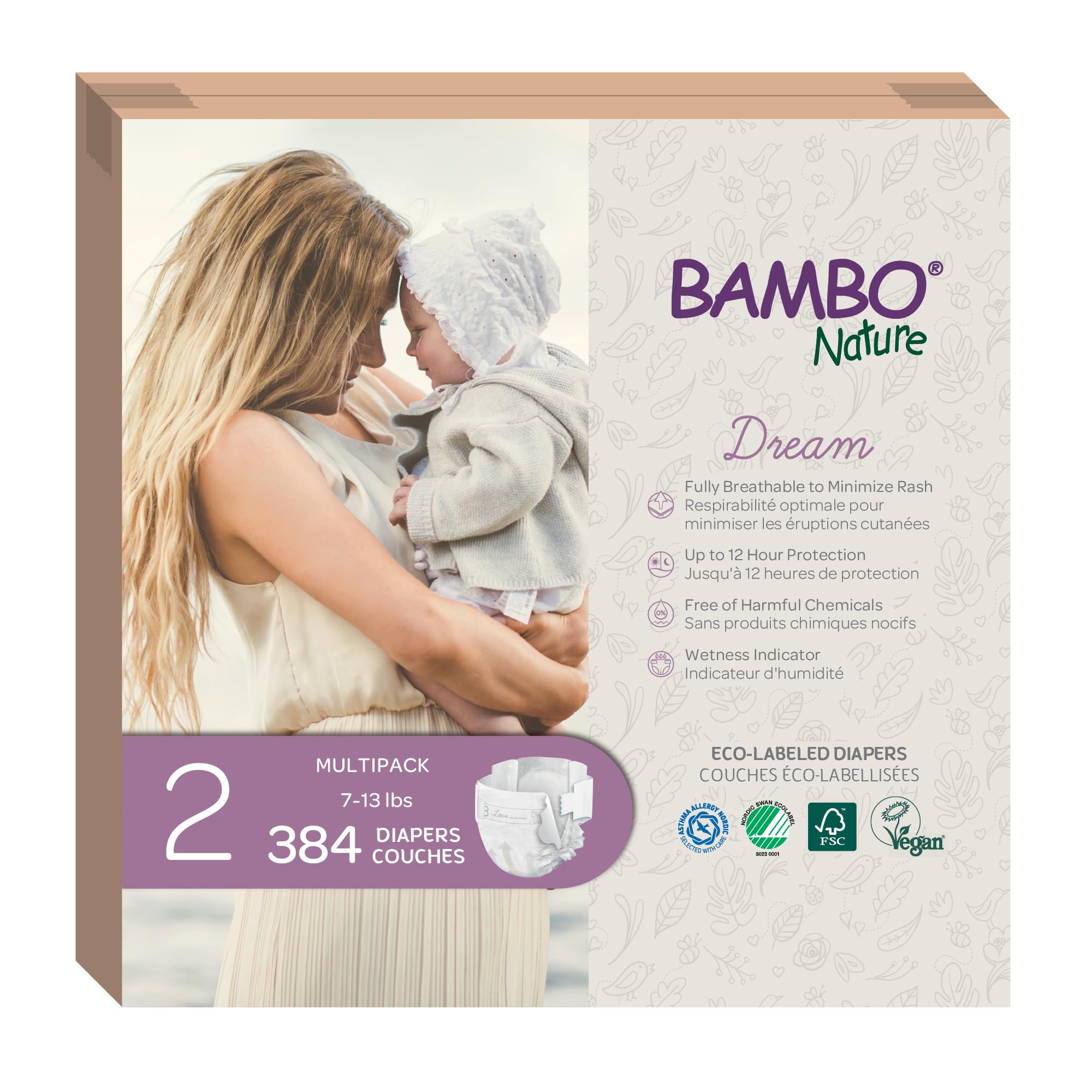 Bambo Nature Hypoallergenic Baby Diapers Size 2 (384 Count) - Eco-Friendly, Chlorine-Free, Super Absorbent & Leak-Proof for Sensitive Skin | Ideal for Overnight Use, Daycare & Travel