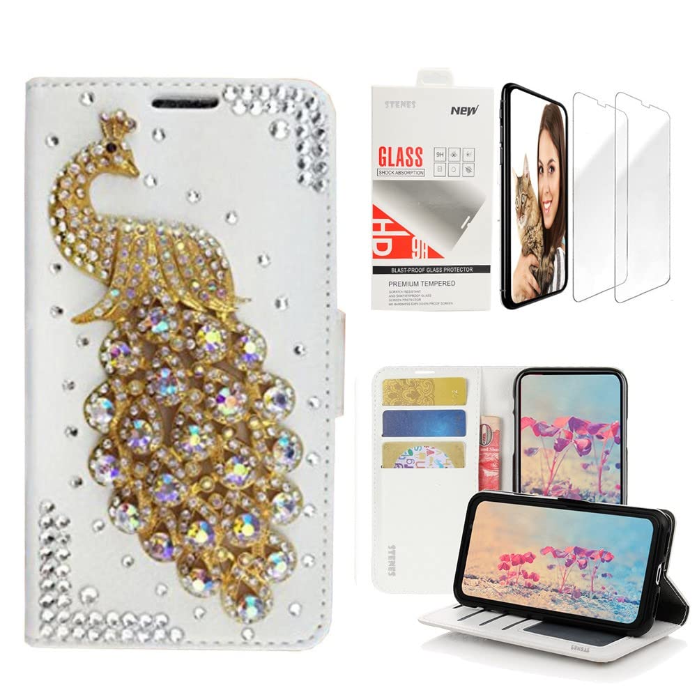 STENES Bling Wallet Phone Case for iPhone 13 Pro Max - 3D Handmade Peacock Design Leather Cover with Card Slots & Screen Protector (2 Pack) - Fashionable Rhinestone Protection for Women - Perfect for Parties, Dating & Everyday Use