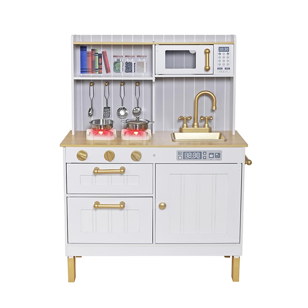 Wooden Toddler Kitchen Playset with 6-Piece Cooking Accessories - Kids Pretend Play Kitchen with Pots, Pans, Stove & Sink - Interactive Mini Kitchen Toy with Lights & Sounds for Boys & Girls Ages 3+ - Perfect for Imaginative Play, Role-Playing & Early Learning Development