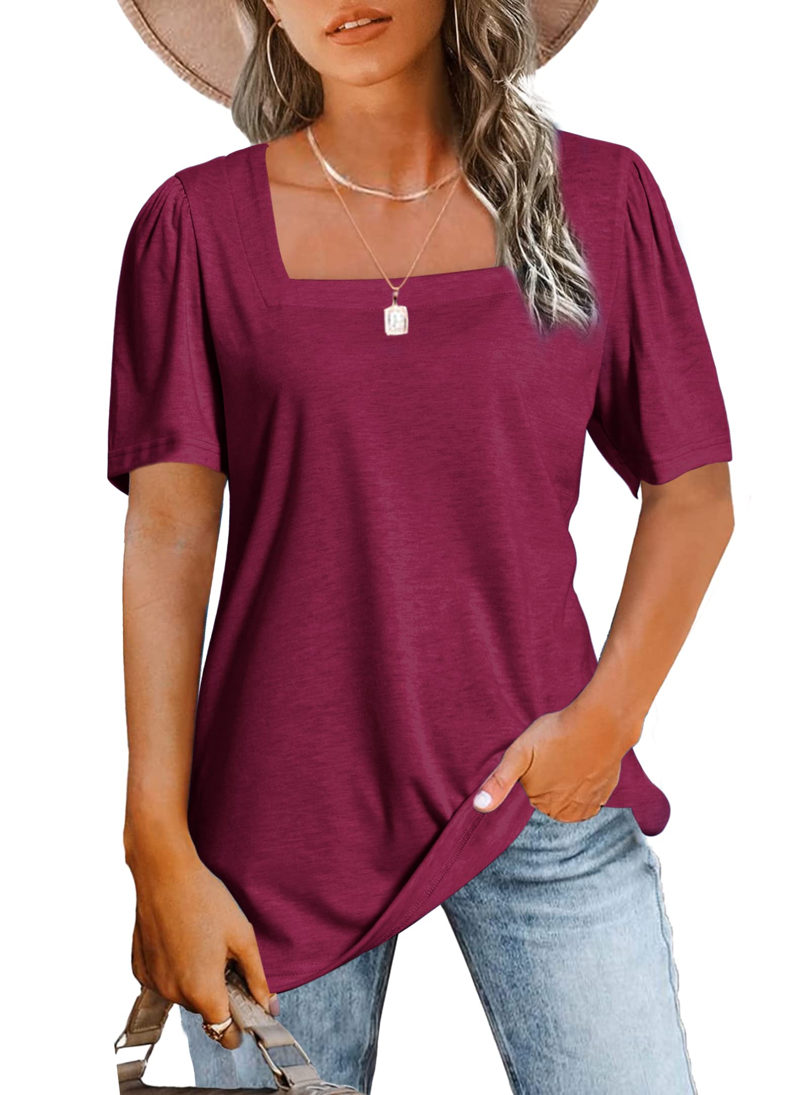JomeDesign Women's Casual Short Sleeve Square Neck T-Shirt - Puff Sleeve Loose Blouse for Summer | Perfect for Beach Outings, Date Nights & Casual Wear