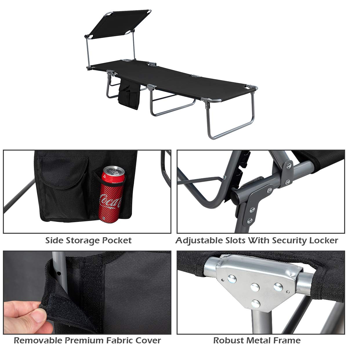 Giantex Adjustable Tanning Chair with Canopy & Storage - 5-Position Patio Chaise Lounge, Foldable Beach Chair for Poolside, Lawn, Camping - Outdoor Sunbathing Recliner (Black) - Perfect for Backyard Relaxation, Beach Vacations & Outdoor Lounging