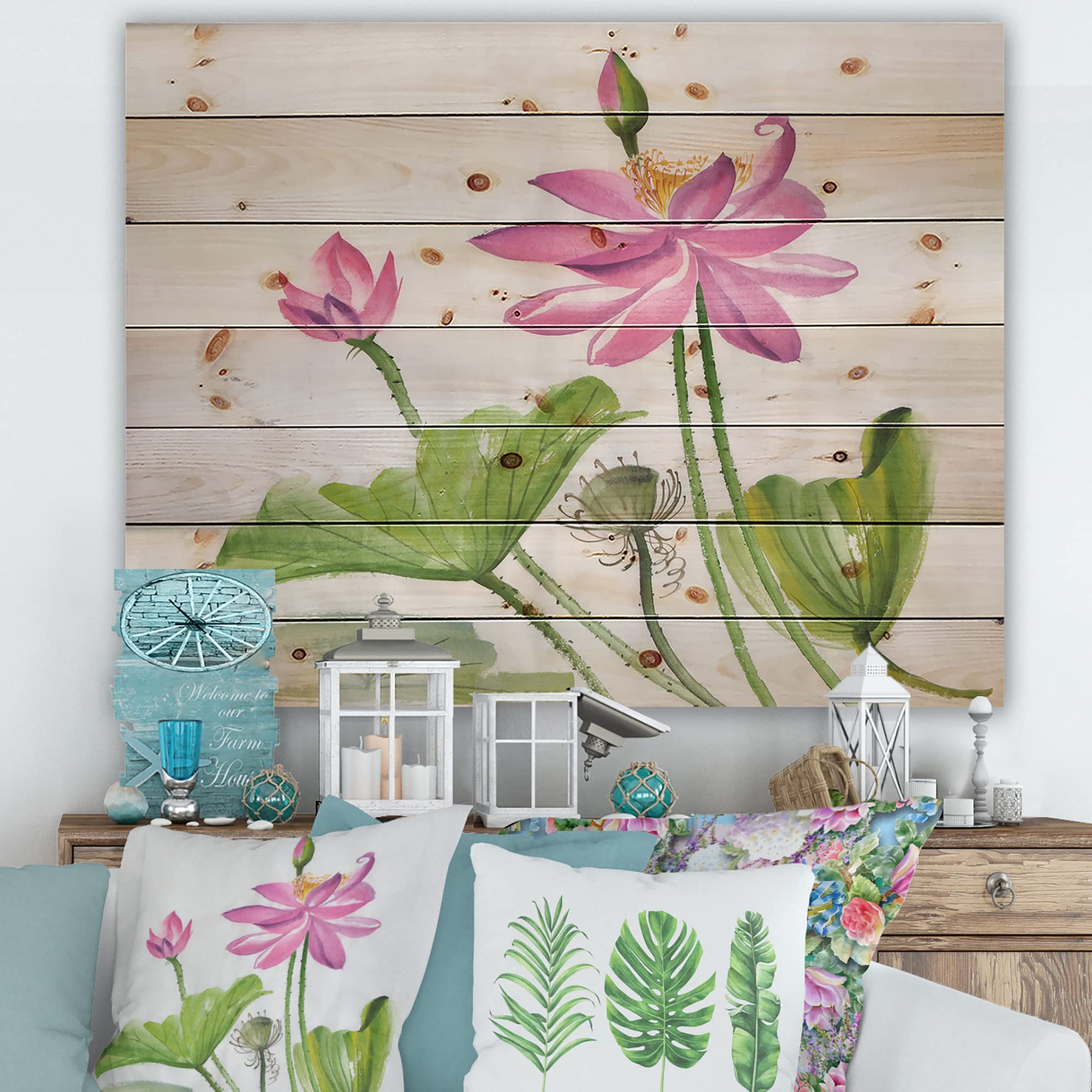 DesignQ Traditional Wood Wall Decor - Two Pink Lotus Flowers Floral Art, Large Pink Wood Wall Panels Printed on Natural Pine - Perfect for Living Room, Bedroom & Home Decor