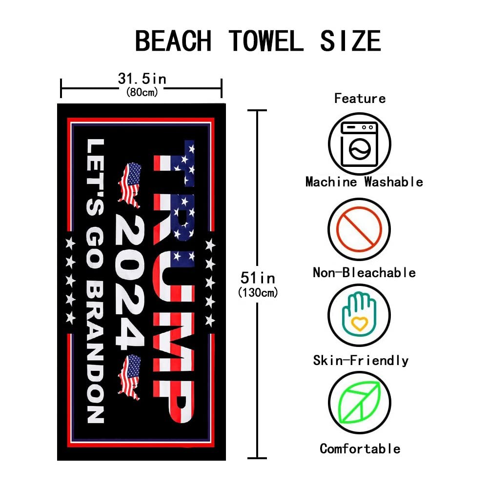 Mr.W Trump 2024 Beach Towel - Let's Go Brandon Quick Dry Sandless Towel (31.5x51 Inches) - Perfect for Swimming, Vacations, Camping & Gym - Patriotic Pool Accessory for Summer Outdoor Activities