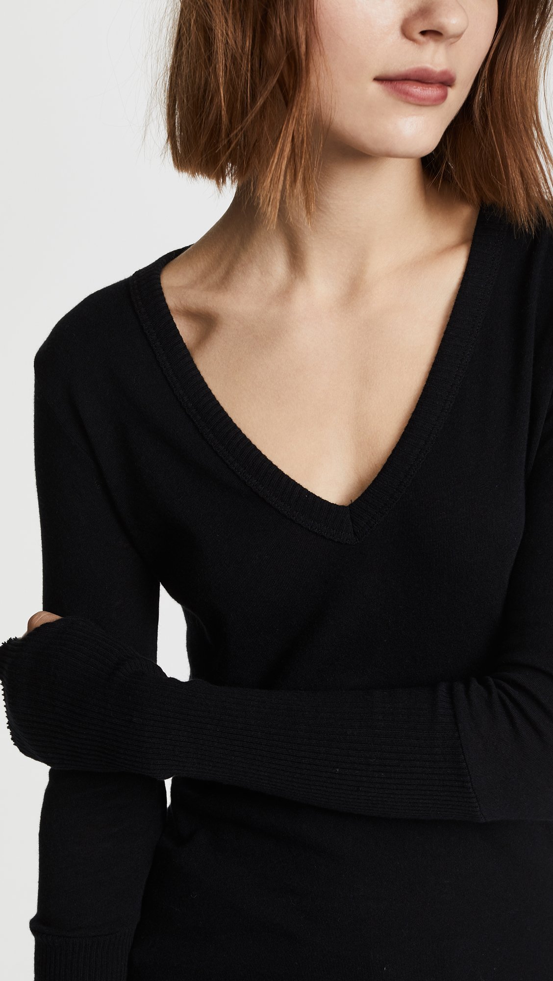 Enza Costa Women's Soft Cashmere Blend Long Sleeve V-Neck Top with Thumbholes & Cuffed Sleeves - Perfect for Work, Travel & Casual Outfits