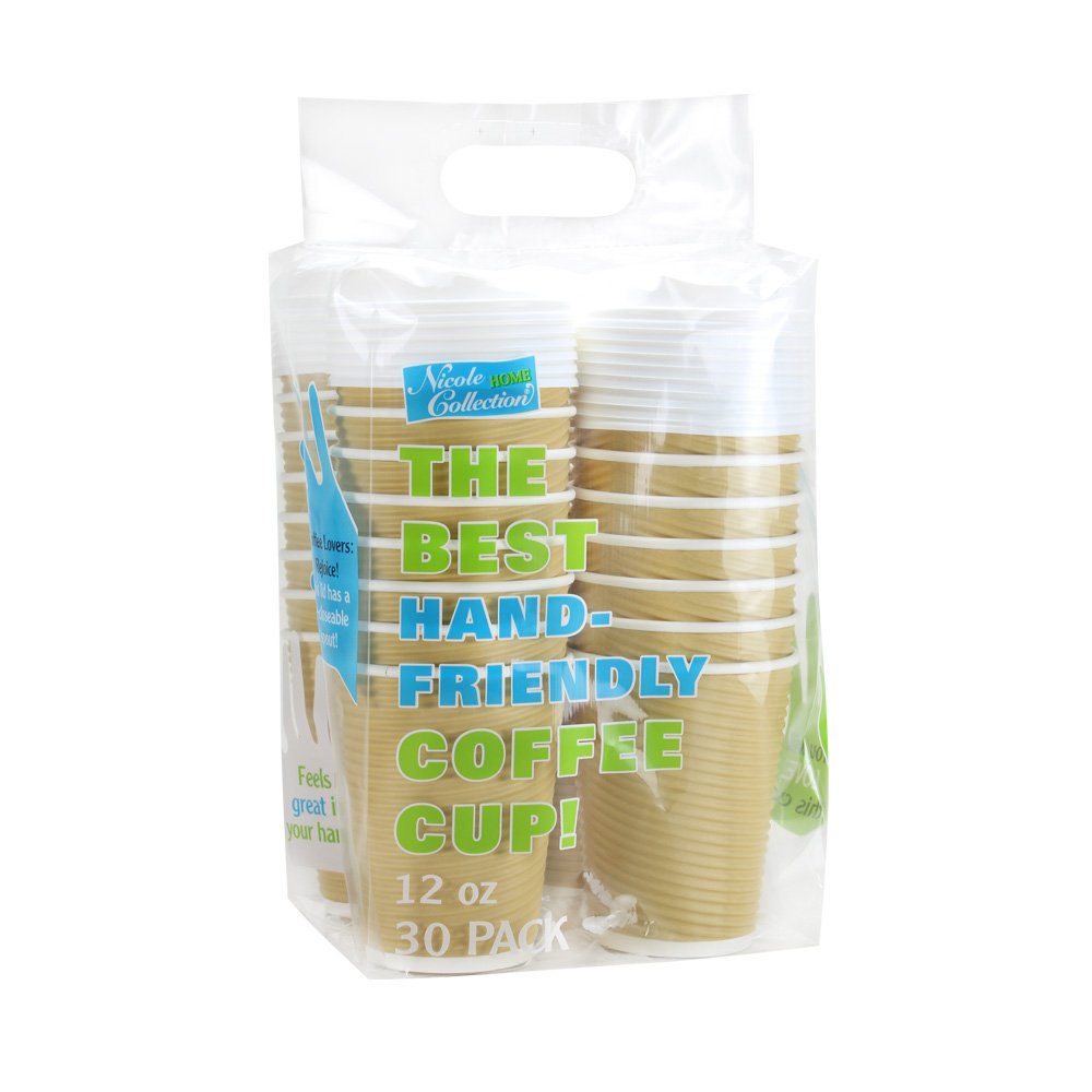 Nicole Home Collection 12 oz Double-Walled Insulated Ripple Paper Coffee Cups with Lids - Pack of 30, Tan - Hot Beverage Disposable Cups for Coffee, Tea, Hot Chocolate - Perfect for Office, Cafes, and Home Use