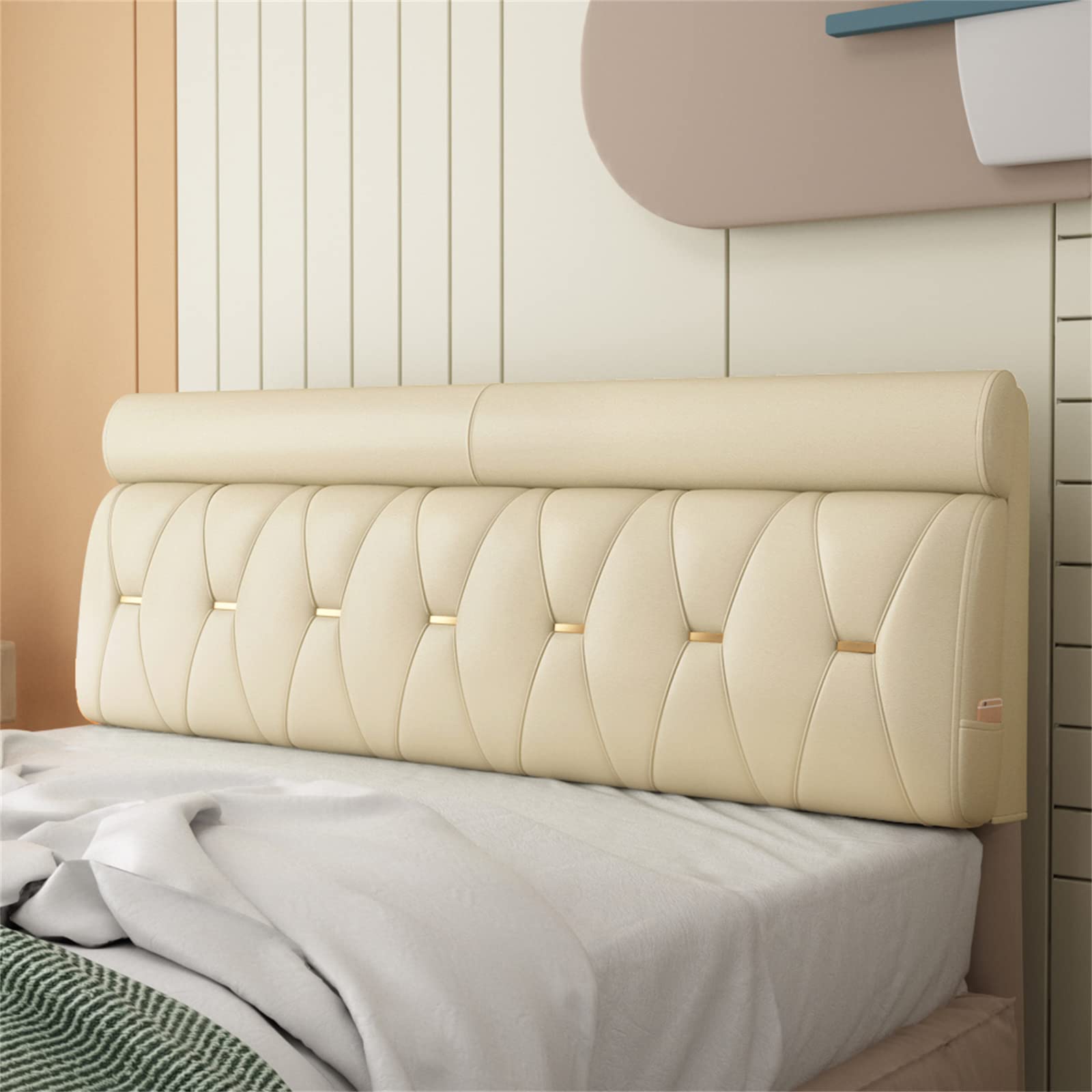 Modern Button-Tufted King Size Headboard - 12cm Thick Premium Wipeable PU Leather Upholstered, Self-Adhesive Design (47.2