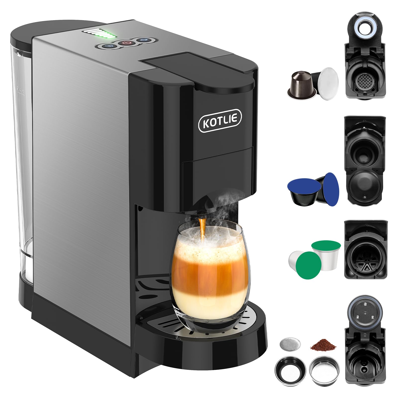 KOTLIE 19Bar High Pressure Single Serve Coffee Maker - 5-in-1 Multifunction Machine Compatible with NES* Original/Dolce Gusto/K-Cup/Ground Coffee/illy 44mm ESE Pods | Hot & Cold Brew | 7 Water Levels (AC-513HF) | Perfect for Home, Office or Small Business Use
