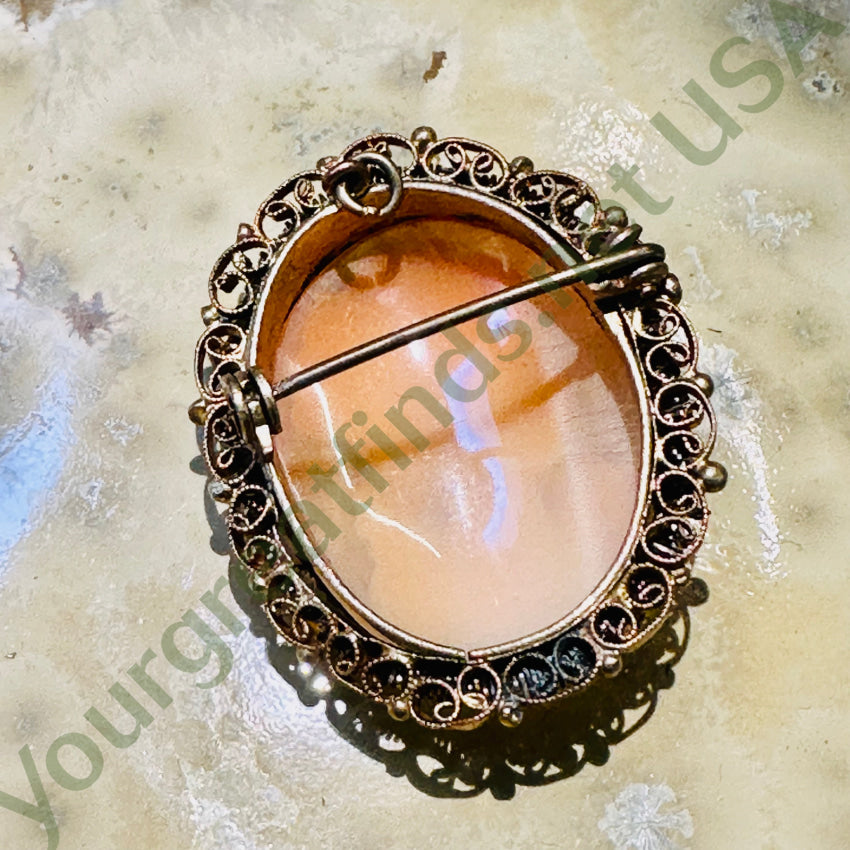 Vintage Gold Washed 800 Silver Filigree Shell Cameo Pin Pendant - Elegant Antique Jewelry for Women, Gift for Mother's Day, Bridal Accessories, Vintage Fashion Statement